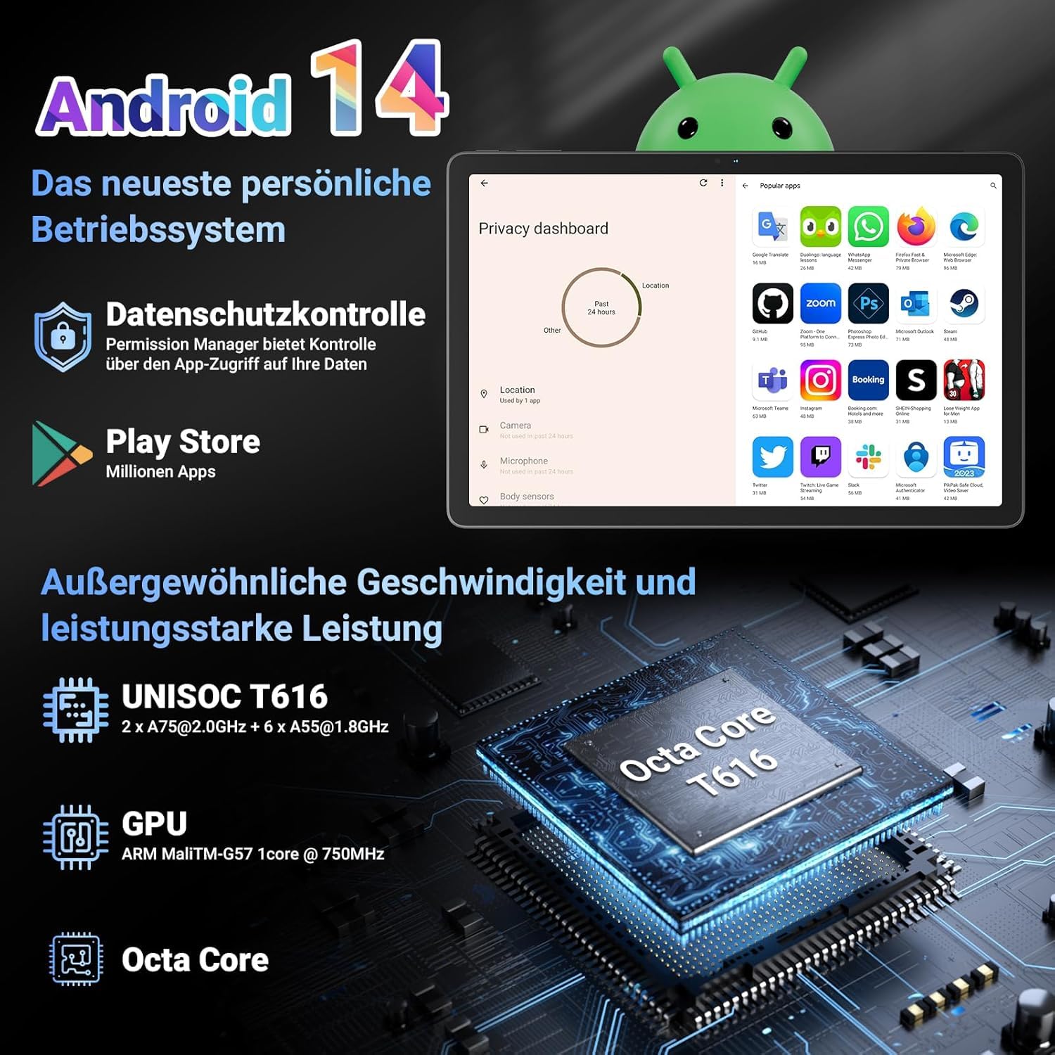 Blackview Tab16 Pro Tablette Tactile 11Pouces 2K FHD+, 16Go+256Go(TF 2To) Tablettes Android 14, 4G LTE+5G WiFi 2.0Ghz Octa Core, 7700mAh 18W Tablettes AVCE Widevine L1/Face ID/GPS