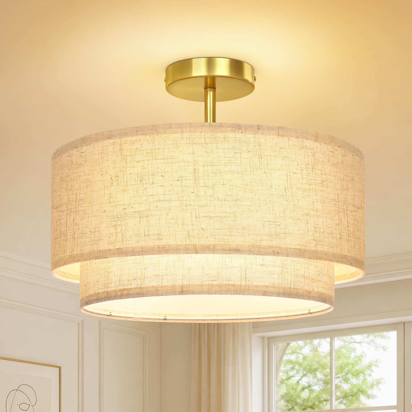 OUTON Plafón de Techo con Pantalla de Tela, 3 Luces, Dorado, Ø 40,6 cm | Doble pantalla de lino con difusor interior, 3 casquillos E27, compatible con bombillas regulables, para espacios interiores