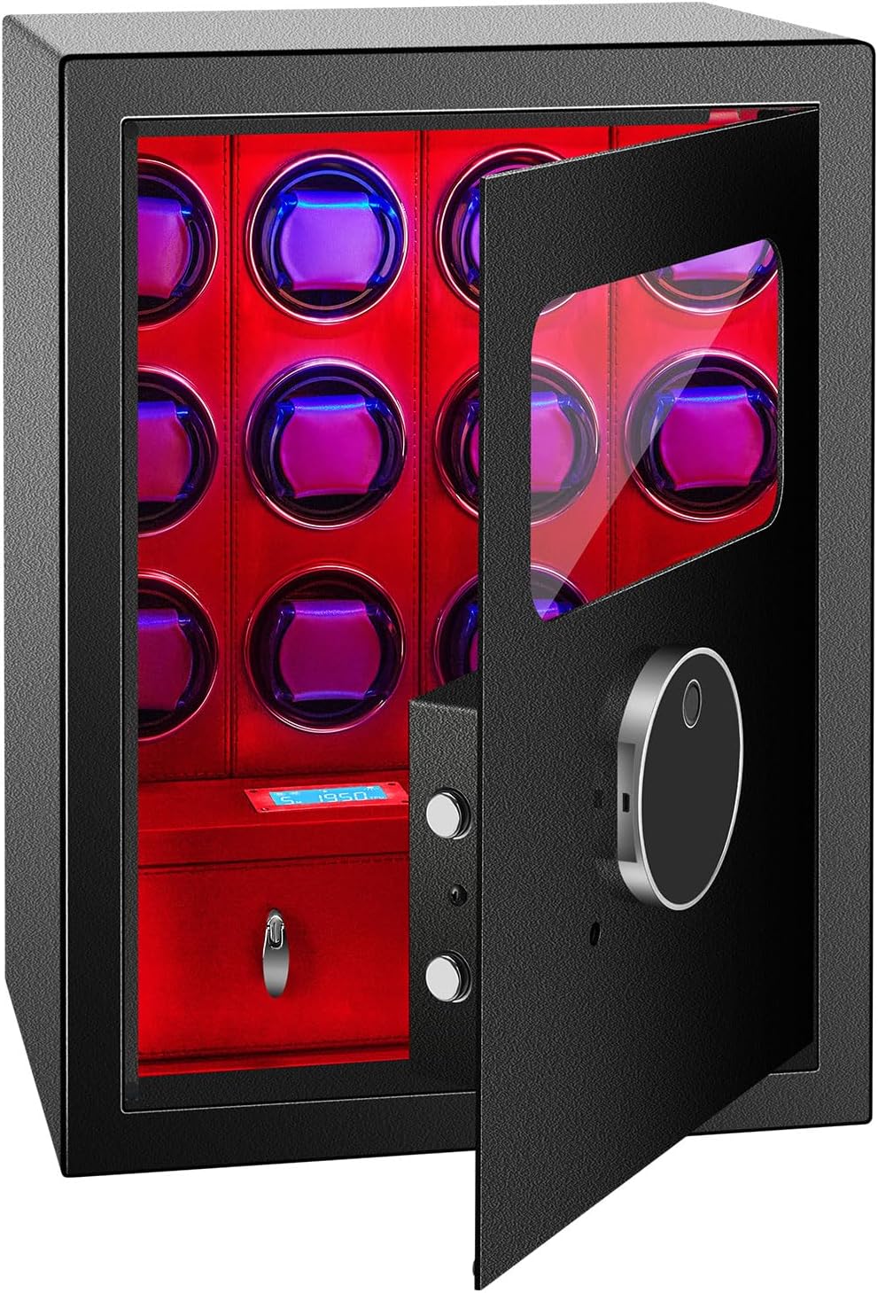 Safe Watch Winder Box for 12 Automatic Watches,with Fingerprint and Digital Lock,Ultra-Quiet Japanese Motors, Built-in LEDllumination and LCD Touchscreen Control
