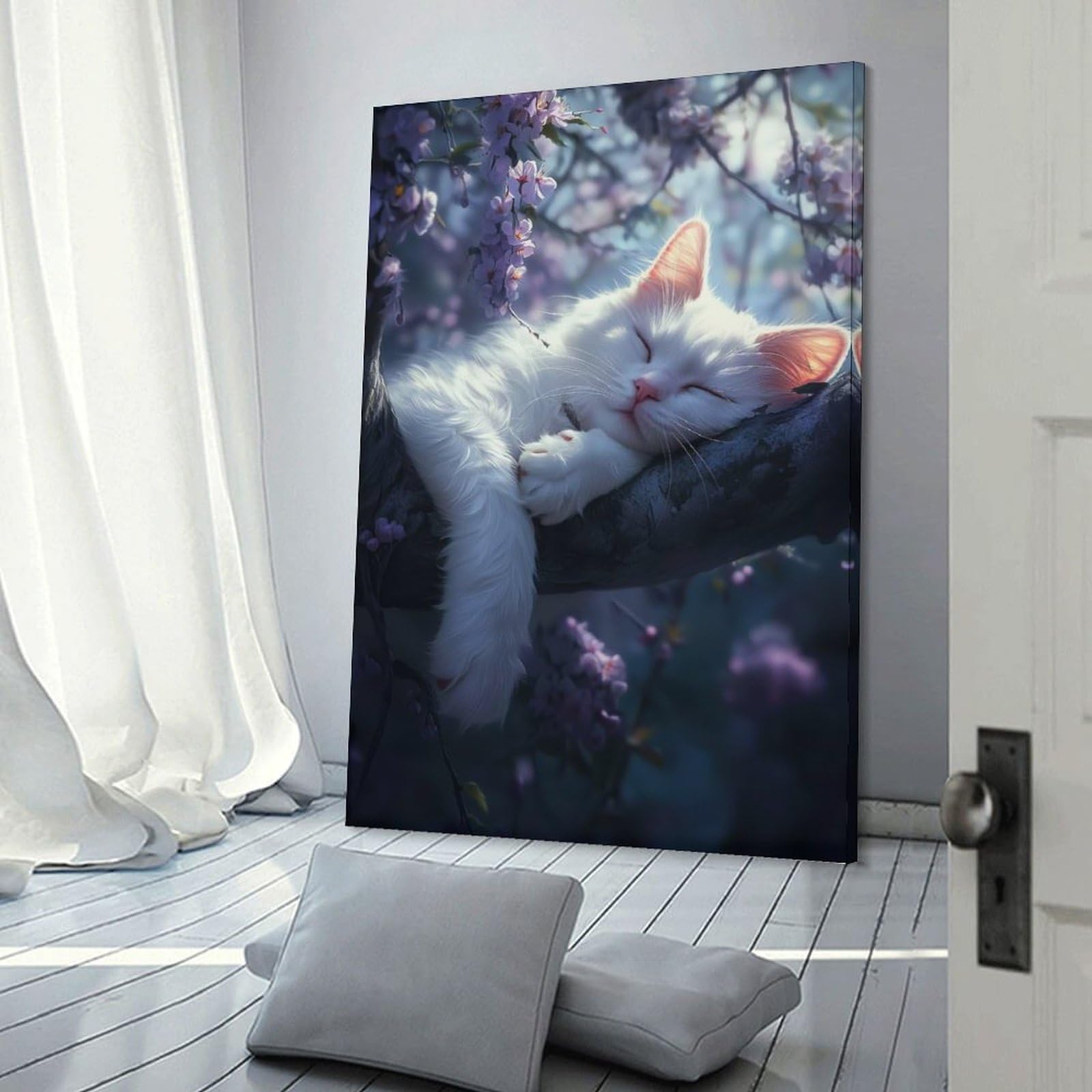Junmoney Canvas Wall Art Sleeping Cat in Blossoms, 20x30inch(50x75cm), for Lounge Decor, Bedroom Walls Or Flats, A Home Accent with Warm Character