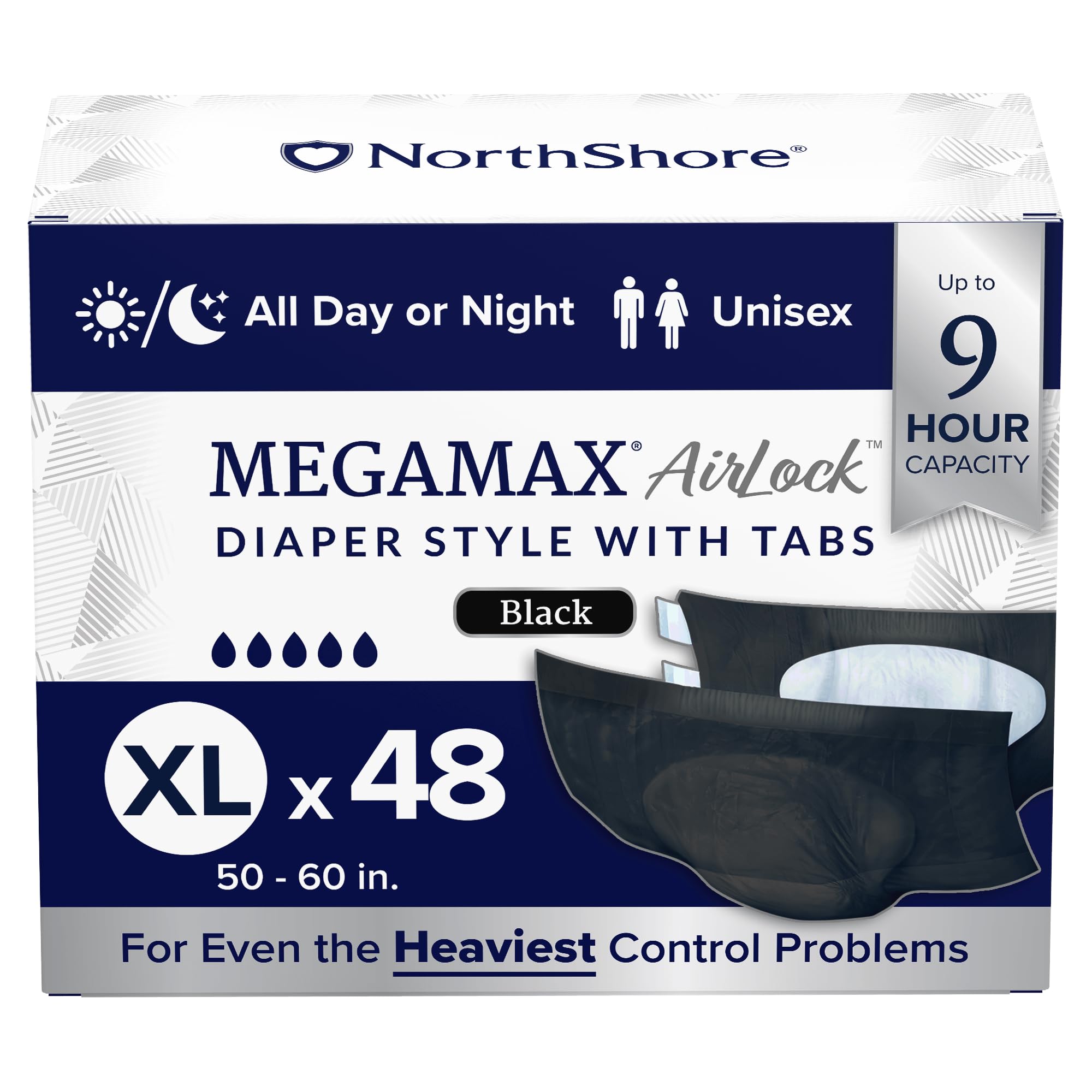NorthShore MegaMax AirLock Breathable 9-Hour Heavy-Duty Tab-Style Adult Diapers, X-Large, 48 Count Case, Black, 50-60 inches, Unisex Incontinence Underwear