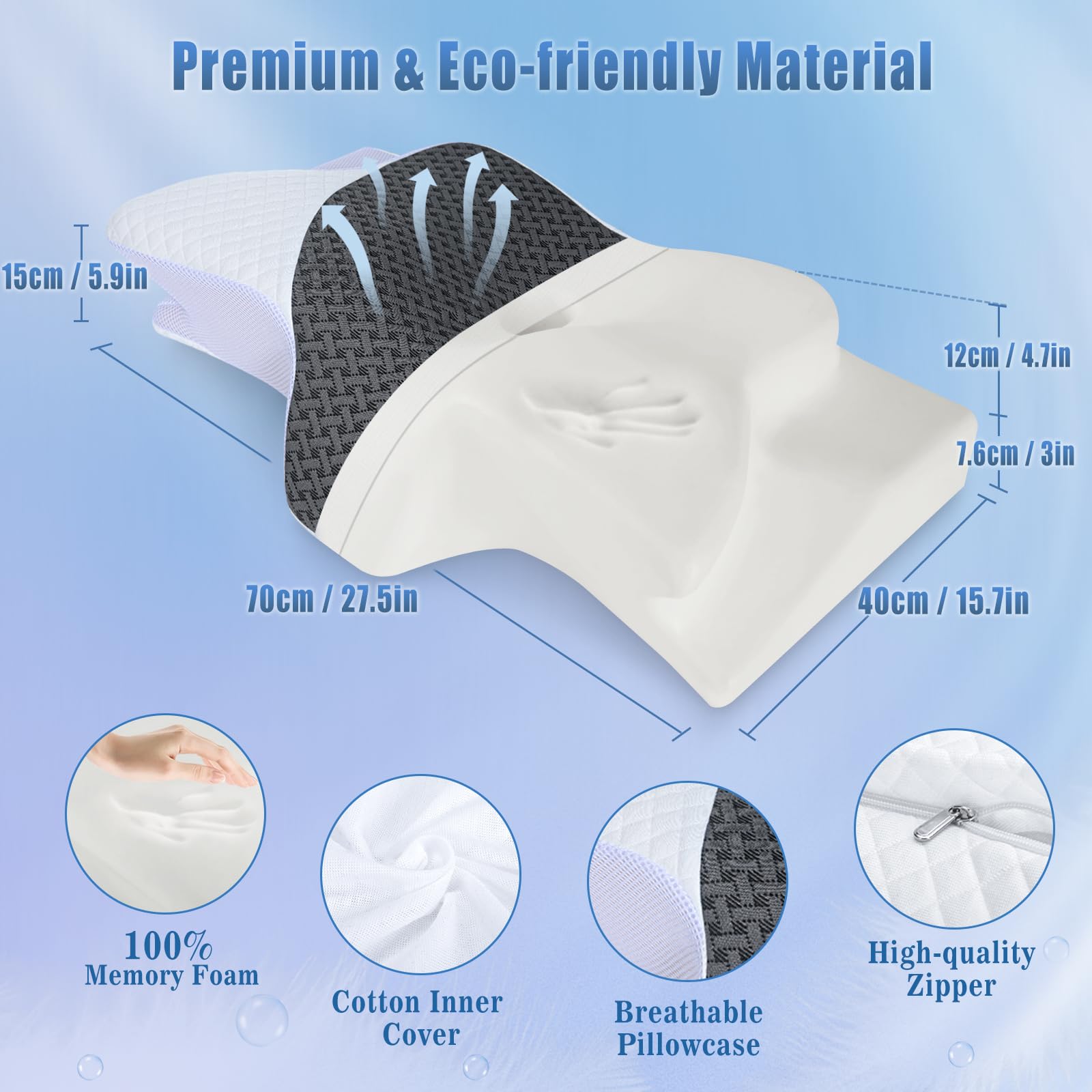 SAHEYER Cervical Neck Pillow, Memory Foam Pillow for Neck Pain Relief and Snoring, Ergonomic Pillow for Side Sleeper, 2 in 1 Orthopedic Pillow for Back and Stomach Sleeper, White