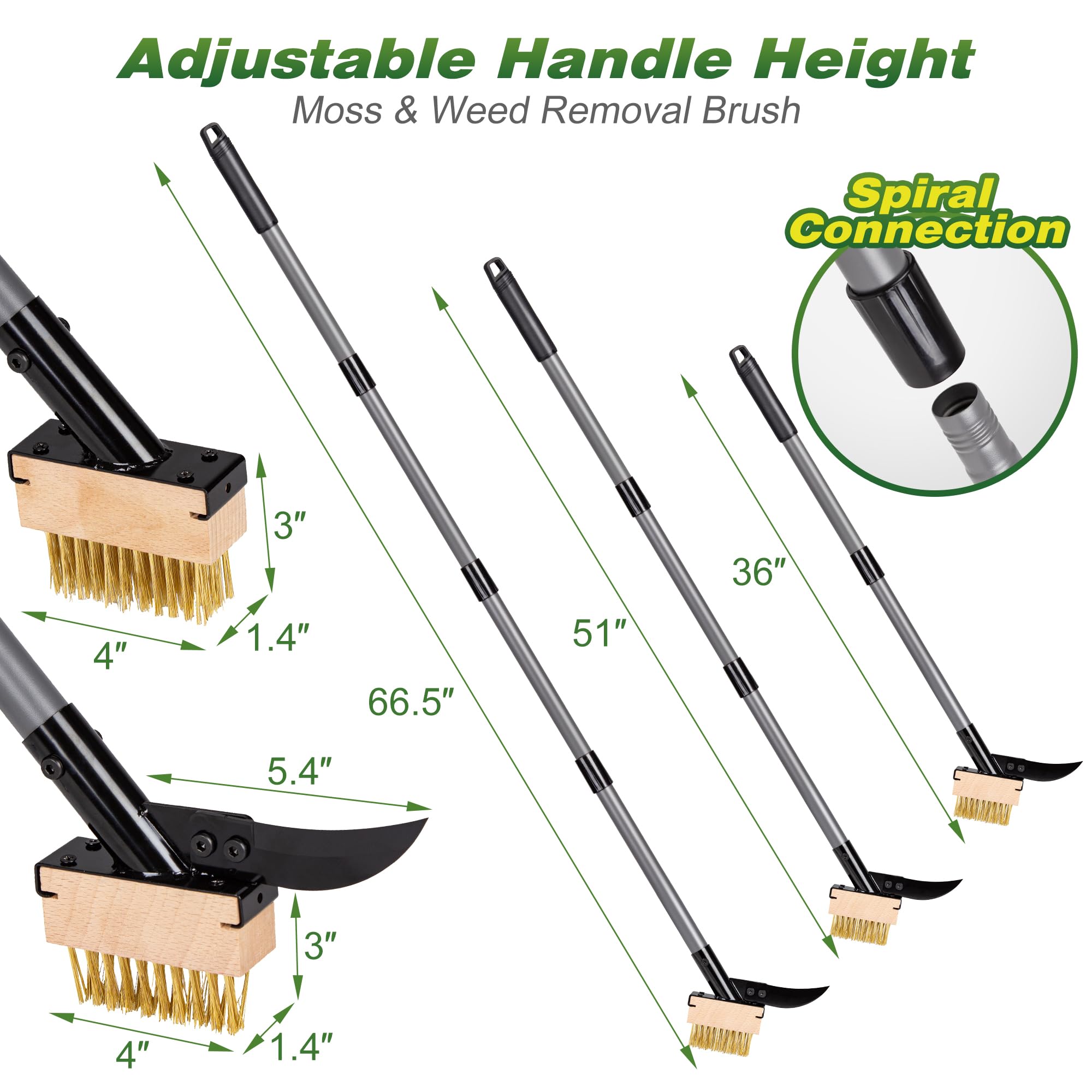 Walensee Brosse 3 en 1 pour désherbeur et mousse avec poignée réglable de 167,5 cm, brosse métallique avec 2 têtes remplaçables et grattoir pour terrasse, patio, allée, suceur plat