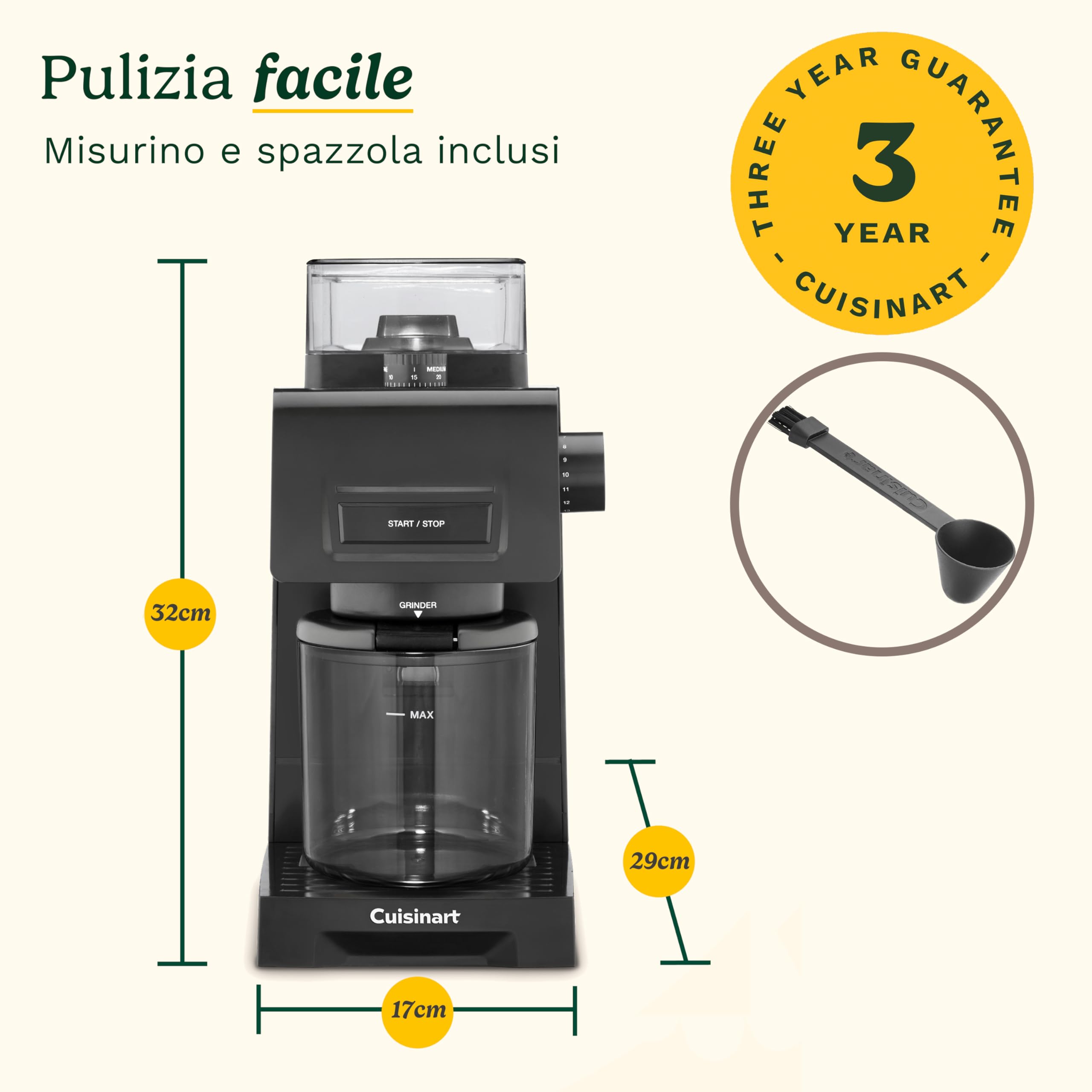 Cuisinart Macinacaffè elettrico ed espresso a macine coniche | 35 impostazioni | Contenitore 225 g | Compatibile portafiltro | Selettore 1–14 tazze | Include misurino e spazzola