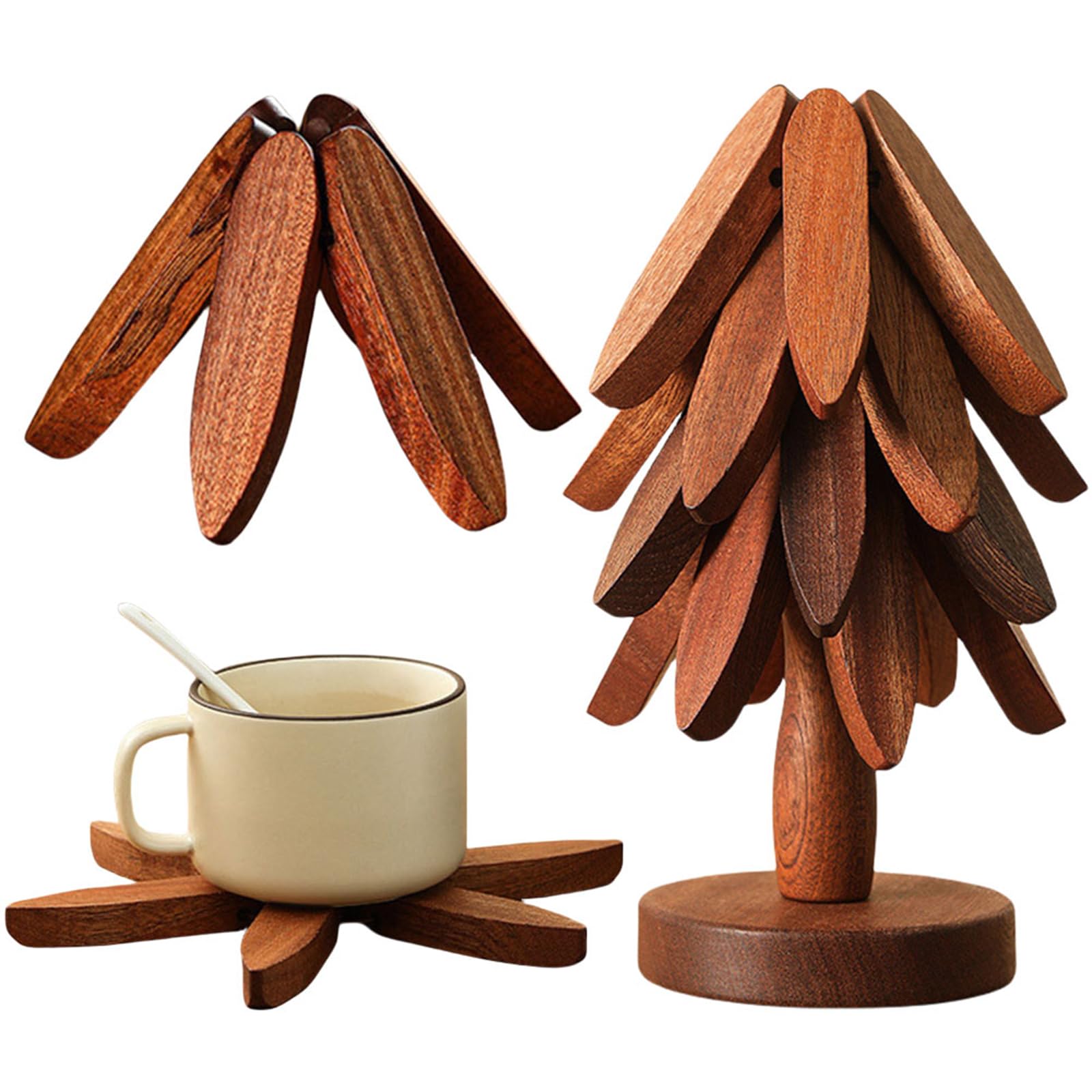 Christmas Tree Wooden Trivet Set, Natural Beech Wood Trivets+Stand, Heat Resistant Non-Slip Trivets for Hot Dishes, Pans & Teapots, Kitchen Counter Decor Dining Table Protector (Walnut-5PCS)