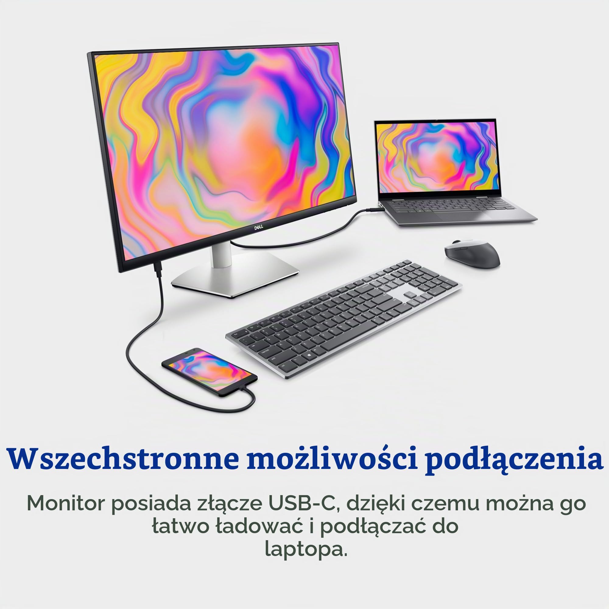 Dell S2722QC USB-C 27" 4K UHD (3840x2160) ekran PC, 60Hz, IPS, 4ms, AMD FreeSync, 99% sRGB, HDR, wbudowane głośniki, USB-C, 2x HDMI, 2x USB, 3 lata, srebrny