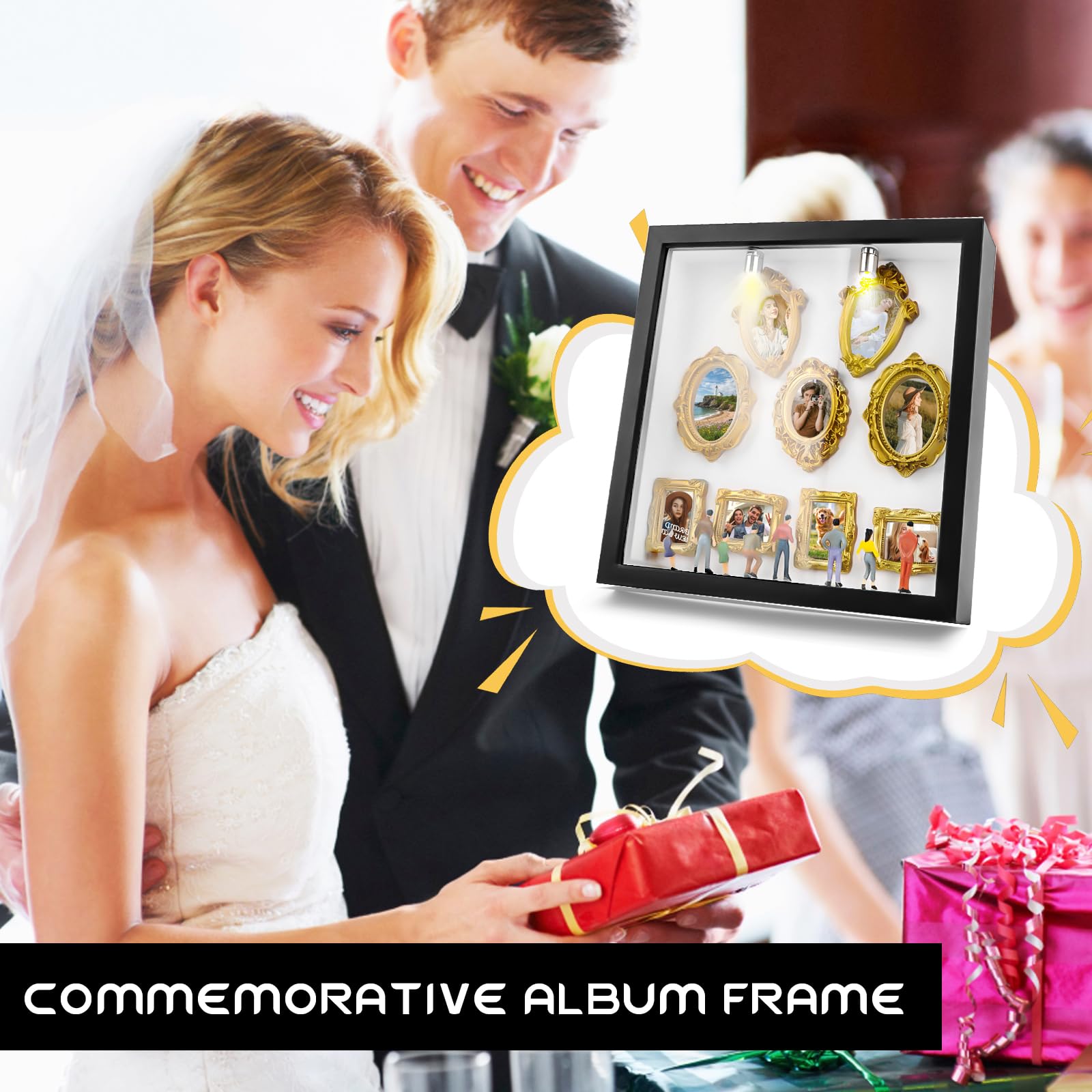 Mini boîte de silhouette de musée DIY avec 8 mini cadres dorés et 8 figurines aléatoires, cadre photo créatif avec lumière LED pour anniversaire, mariage, décoration de la maison