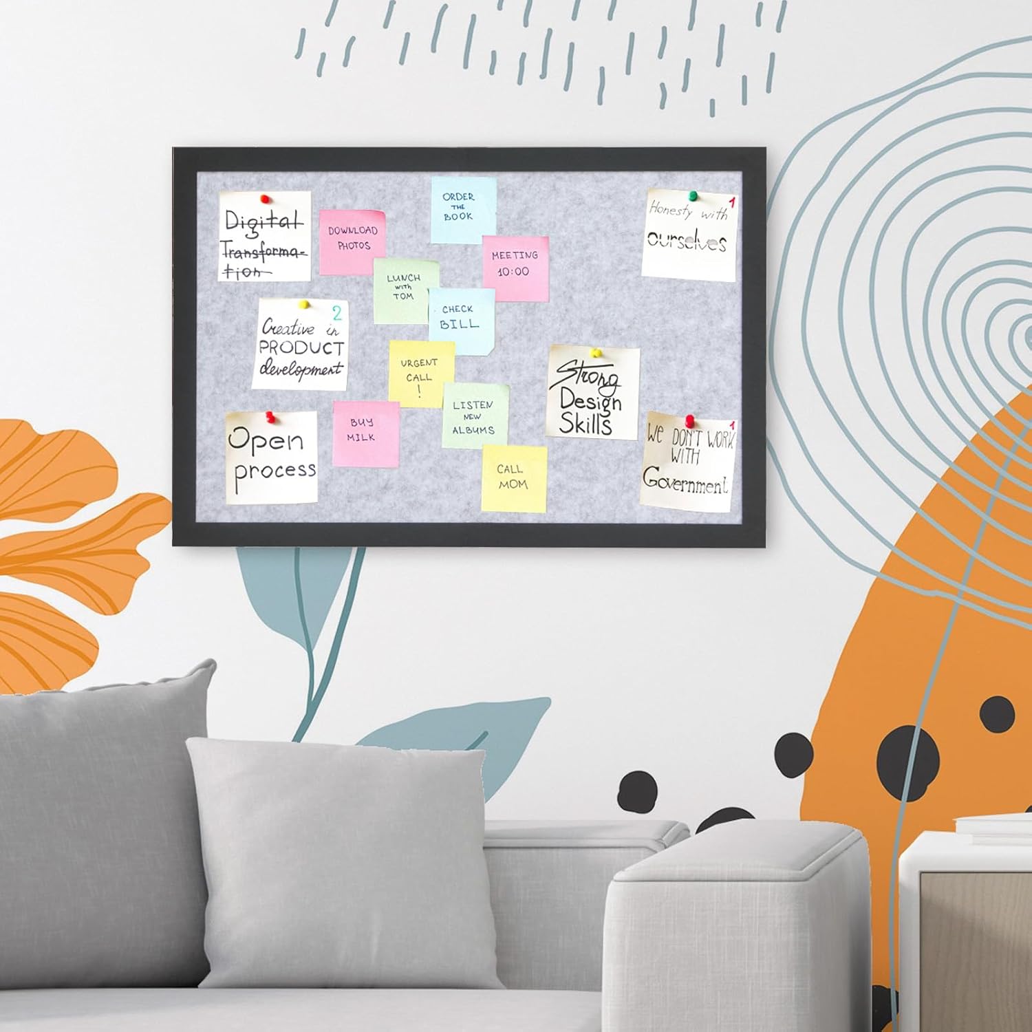 Bulletin Board Felt Board Decorative Display Photo Pin Vision Board Foldable Self-Adhesive Framed Felt Board for Home Office School Walls 15.7 * 23.6 inches(Gray)