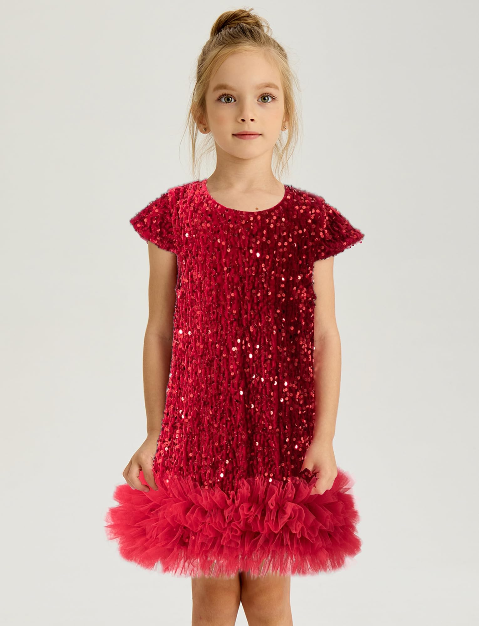 Happy Cherry Vestito con paillettes per bambine a trapezio senza maniche scintillante abito da festa con bordo in pelliccia sintetica