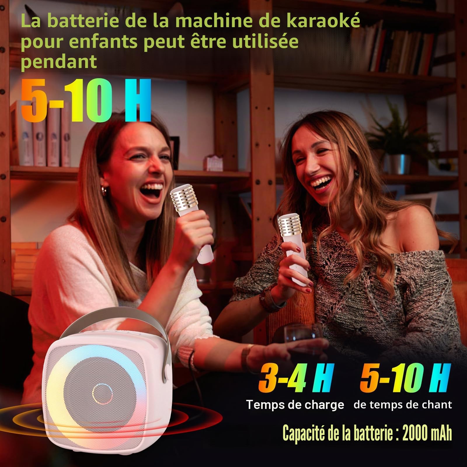 Machine Karaoké 2 Microphones pour Garçons Filles, Enfants Adultes Enceinte Bluetooth Portable avec Support Téléphone, Enceinte avec Lumières LED et Changer de Voix pour Fêtes à Domicile