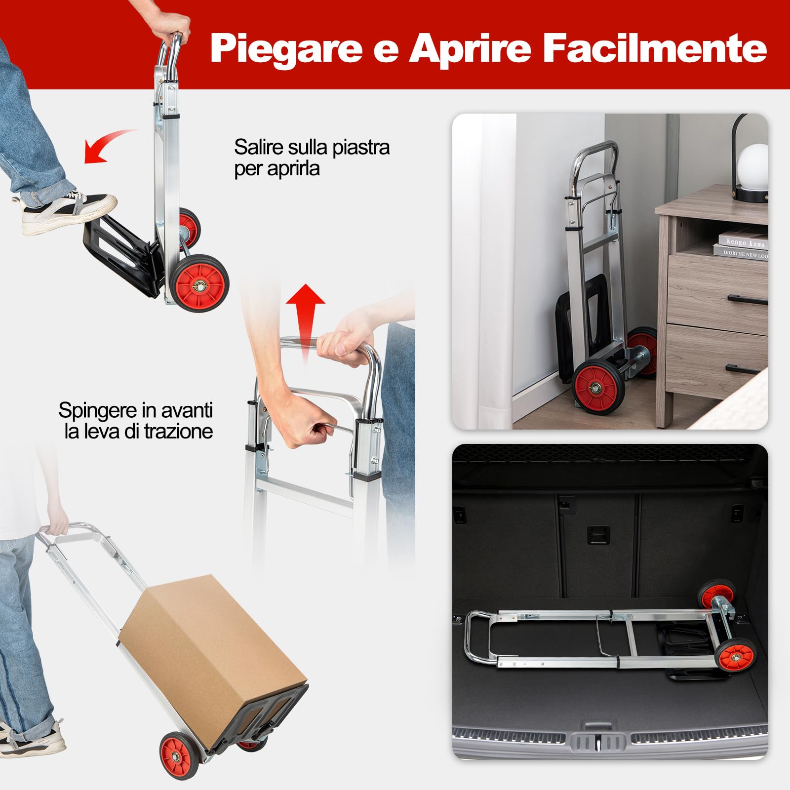COSTWAY Carrello a Mano in Alluminio Pieghevole e Portatile, Carrello Portapacchi con Manico Telescopico Pieghevole e 2 Ruote in Gomma, Capacità di Carico 100 kg, per Casa, Giardino e Magazzino