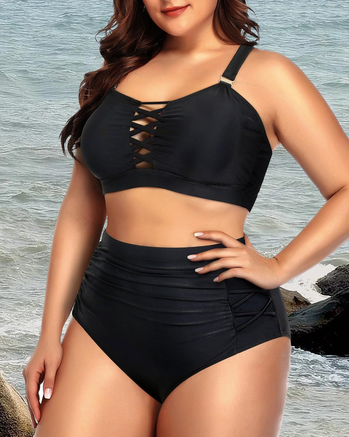 Daci Women Plus Size Two Piece Swimsuit - High Waisted Bikini Tummy Control Bathing Suit Bandeau Swimwear