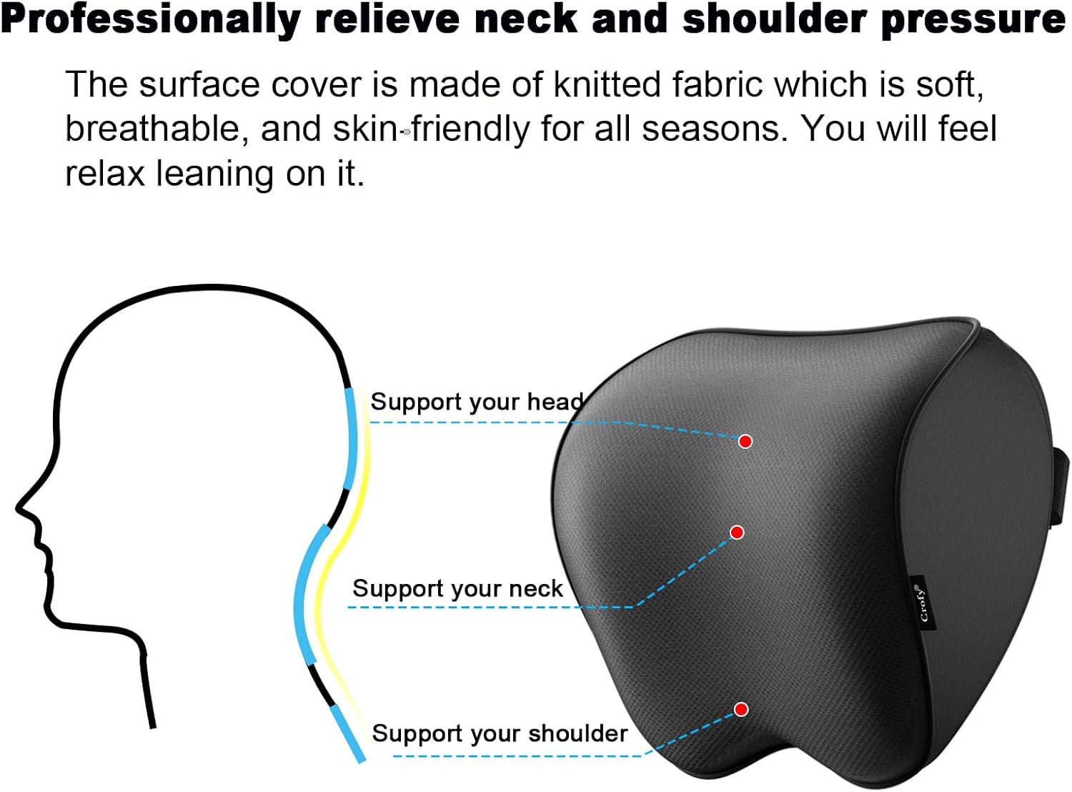 Crofy 2-Pack Car Neck Pillow, Softness Car Headrest Pillow for Driving with Adjustable Strap, 100% Memory Foam and Breathable Removable Cover, Comfortable Ergonomic Design, 4.7 Inches Thick