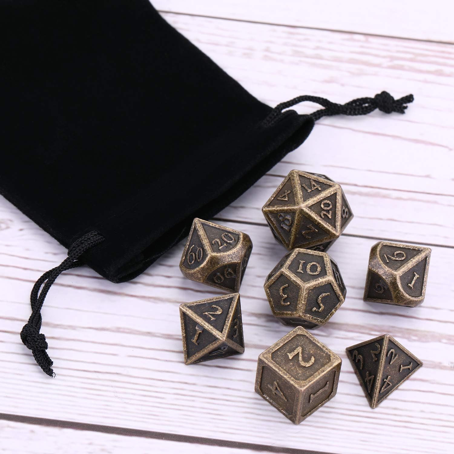 Hestya 7 Pieces Metal Dices Set DND Game Polyhedral Solid Metal D&D Dice Set with Storage Bag and Zinc Alloy with Enamel for Role Playing Game Dungeons and Dragons, Math Teaching (Antique Brass)