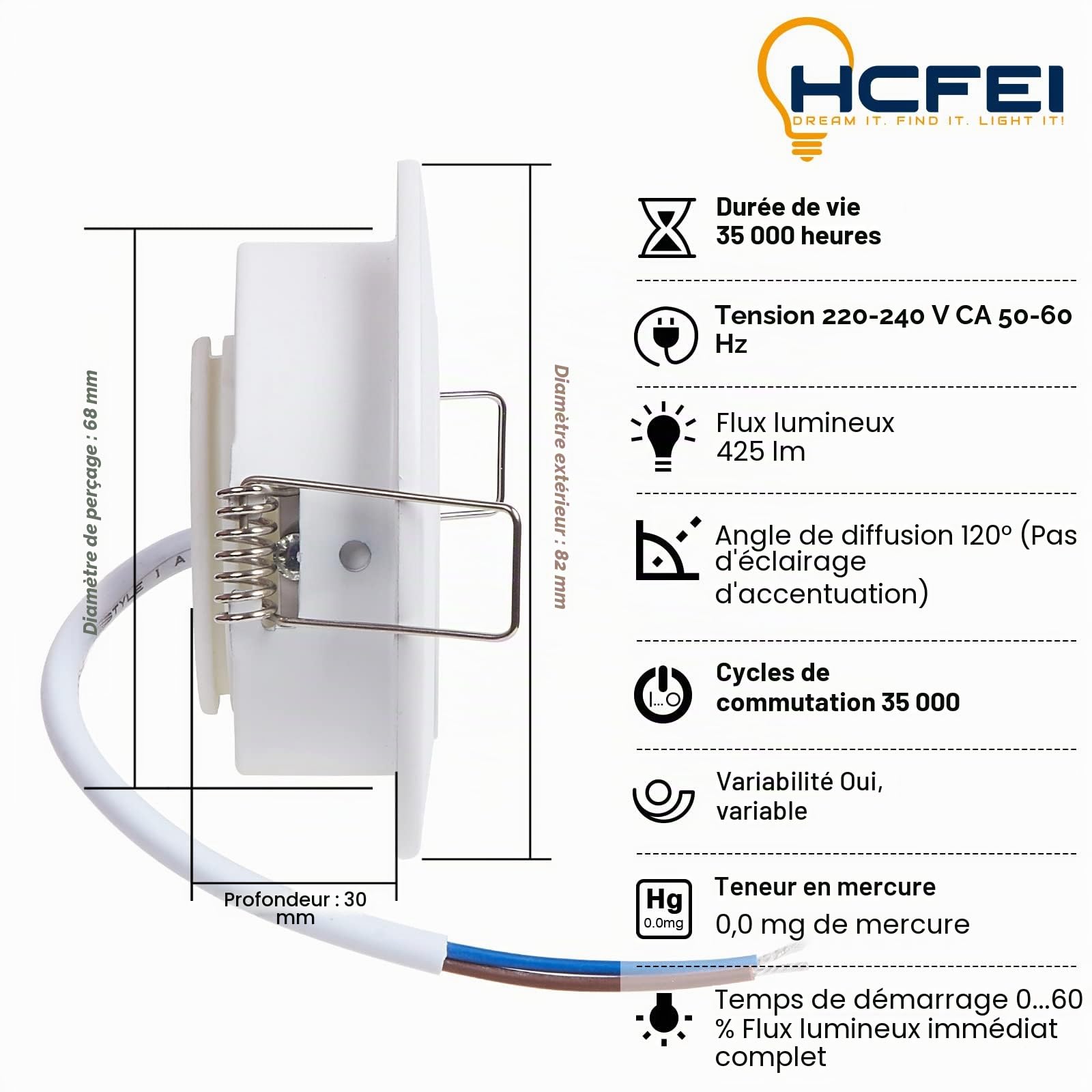 HCFEI Lot de 6 Spot Encastrable Complete Orientable Blanc avec Dimmable Ampoule GU10 Module 5W 230V eq. 50W Lumiere Blanc Chaud 3000K