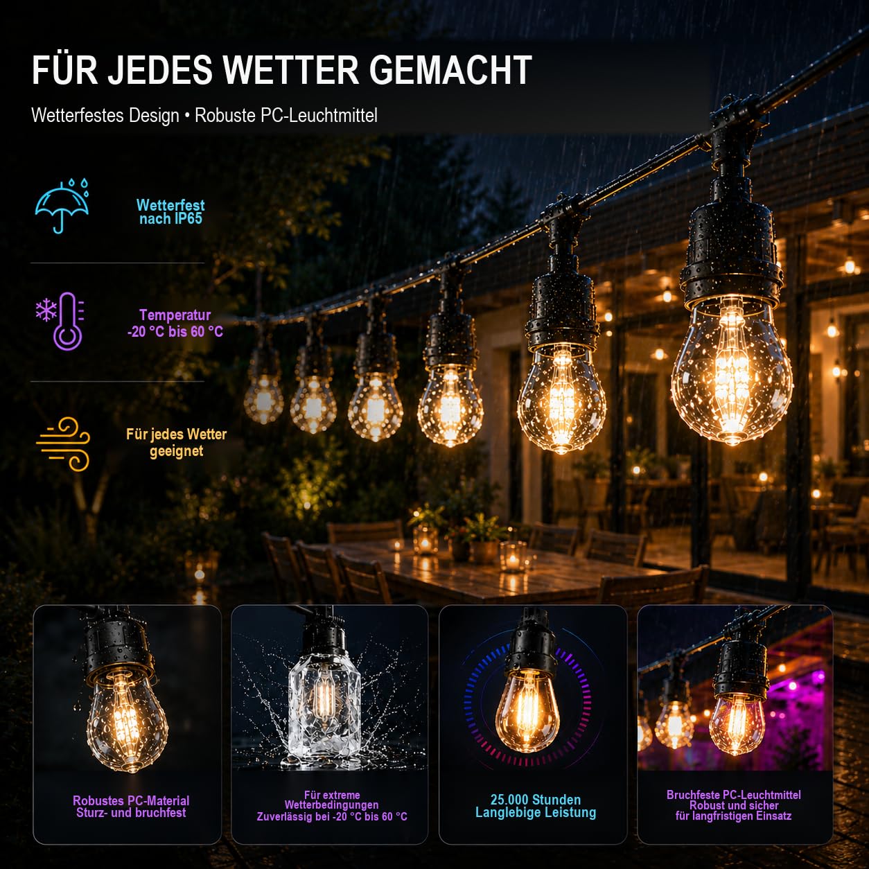 Guirlande lumineuse d'extérieur de 15 m avec contrôle par application, RVBB Smart LED à intensité variable, étanche IPX66, incassable, 24 V, basse tension, sélection de couleurs segmentée pour jardin