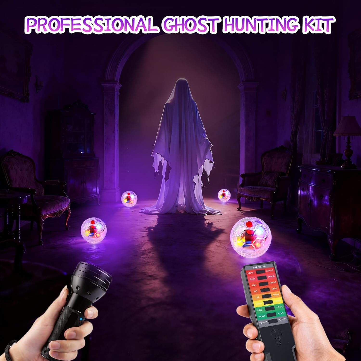 Ghost Hunting Equipment Kit - 6 Pcs Set with Emf Meter, UV Flashlight, LED Light up Pet Cat Ball - Paranormal Investigation Gear for Home and Office Inspections - Great Gift Idea