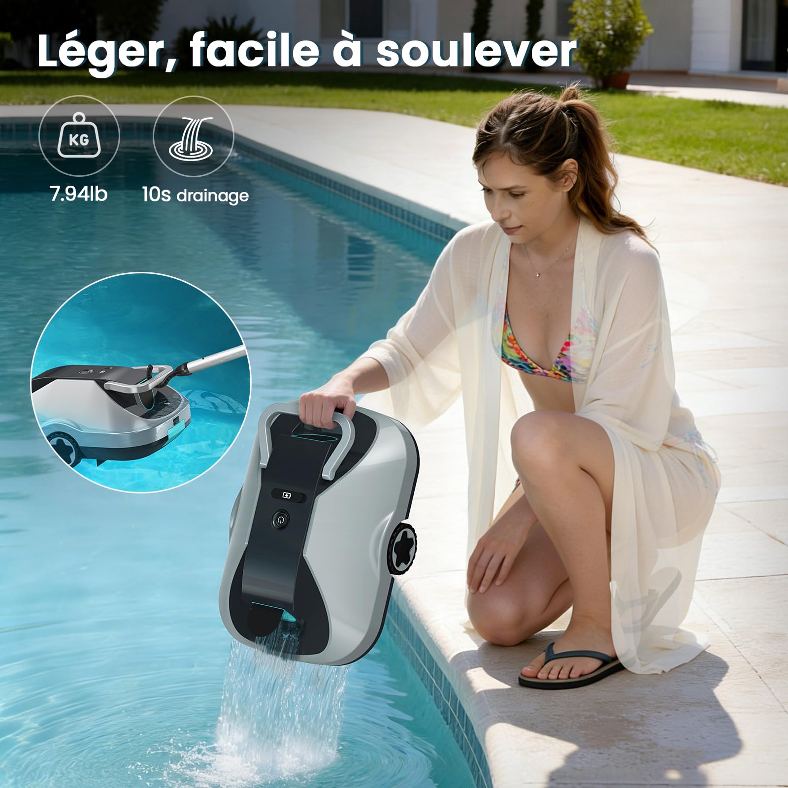 Batería para robot de piscina, robot aspirador inalámbrico, tiempo de funcionamiento de 200 minutos, navegación inteligente, función de aparcamiento automático y filtrado ultrafino, compacto y