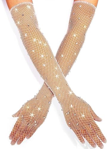 Guantes largos de malla con diamantes de imitación, guantes de red brillantes de moda, ópera, rave, fiesta, disfraces, guantes para mujeres y niñas