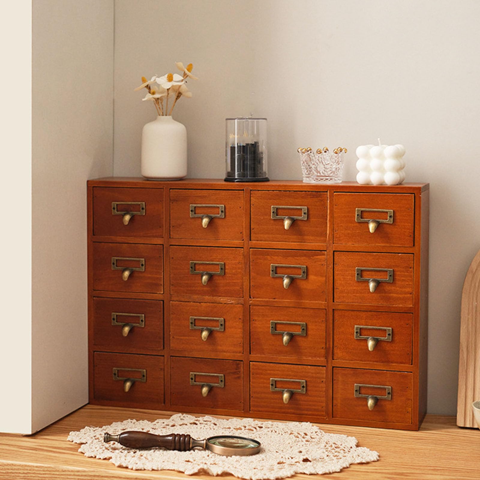 16 Drawers Library Card Catalog Cabinet with Tag Slot and Metal Handle,Wooden Storage Box,Vintage Apothecary Cabinet,Desk Drawer Organizer for Home Office Bedroom