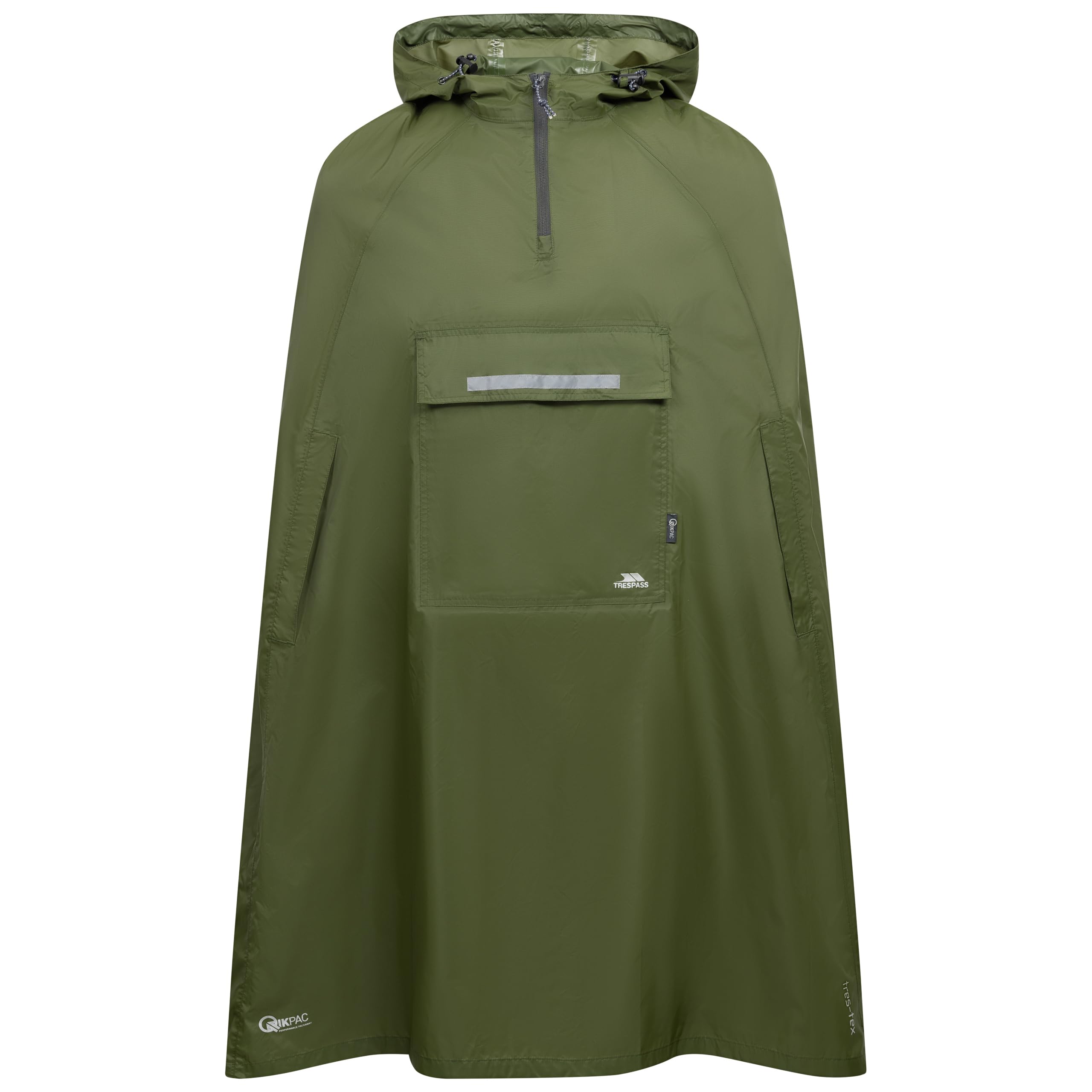 Trespass Unisex Poncho Qikpac - Waterproof Windproof Rain Cover, Adjustable Hood, Contrast Zips, Patch Pocket, Reflective Trims, Packaway Pouch