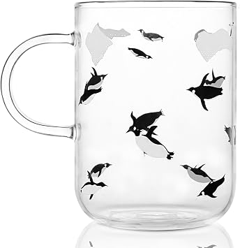 ELITEA Penguin Glass Coffee Mug with Handle Clear Cute Mugs Cup for Drinking Penguin Gift 16.3oz