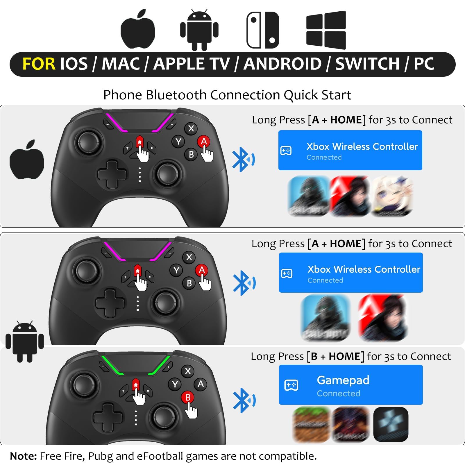 Hall Effect Bluetooth Controller for Switch/PC/iPhone/Android/TV/Steam, Pro Wireless Game Controller Remote Gamepad with Phone Clip with Hall Joystick/Lock Speed/6-Axis Gyro/Dual Motors/Turbo/Macro