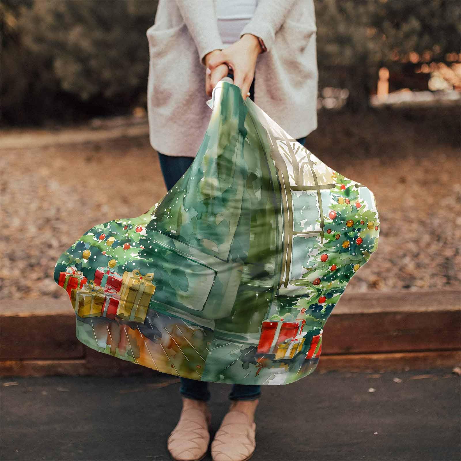 Nursing Cover for Breastfeeding Scarf, Green Ink Painting Xmas Tree Window View Baby Car Covers Super Soft Multi Use for Canopy Shopping Cart Cover Blanket Stroller Cover