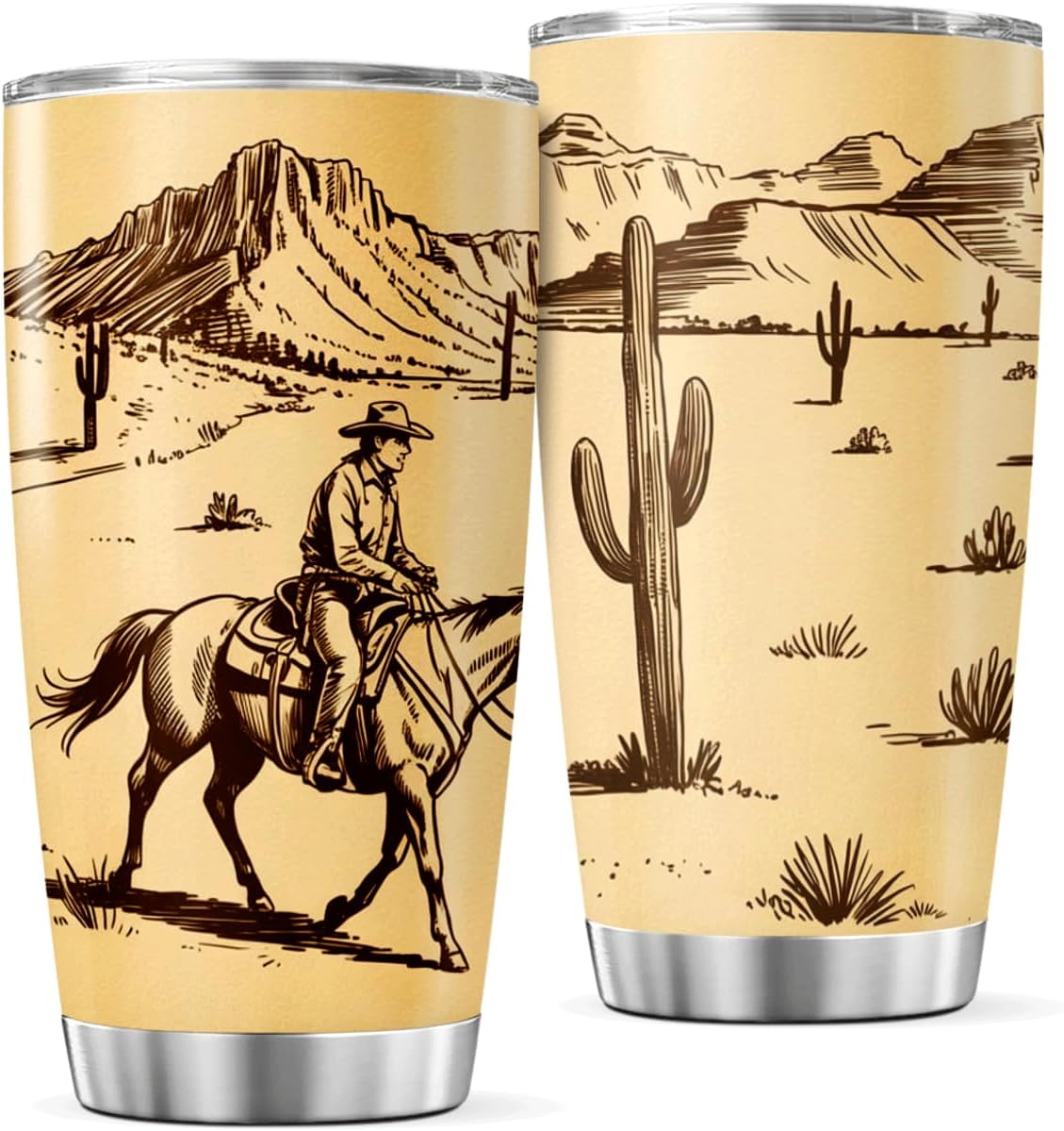 CUBICER Vintage Cowboy And Desert Landscape Design 20 Oz Stainless Steel Tumbler For Western Lovers Ranchers Bottle Cool Hot Travel Drink Tea Outdoor Coffee Heat Insulated Mug