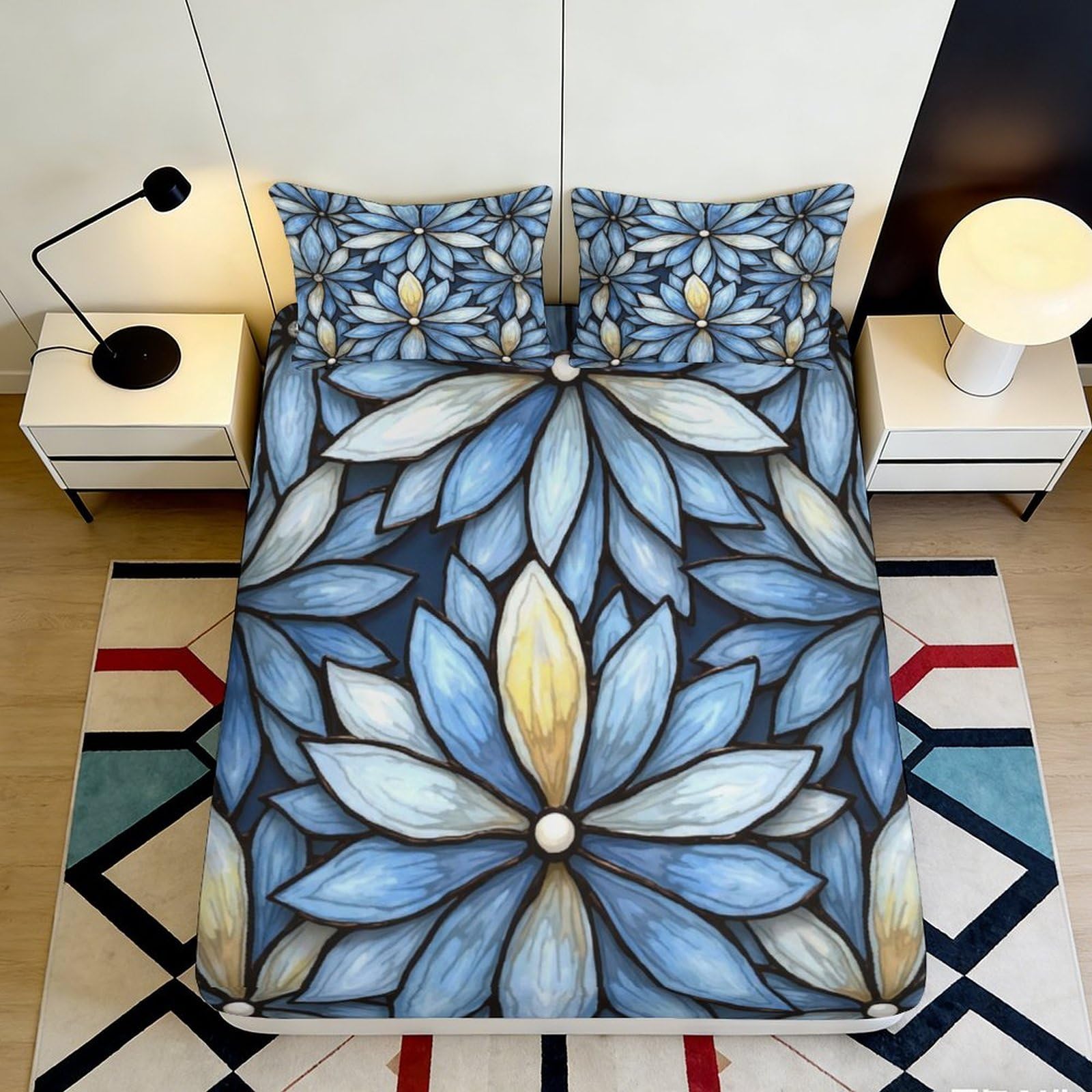 3D Printed Blue Lotus Fitted Sheet Microfiber Soft Breathable Abstract Mosaic Bed Cover for Bedroom Guest Room Decor 90x200x25cm