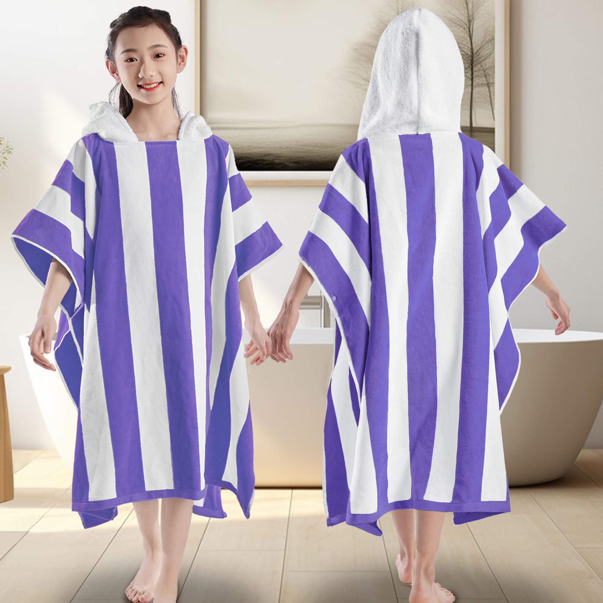 VOOVA & MOVAS Big Kids Hooded Poncho Towels for Teens (8-16Years), 100% Cotton Thick Poncho Towel, Perfect for Pool, Beach, Bath,White Purple Stripe