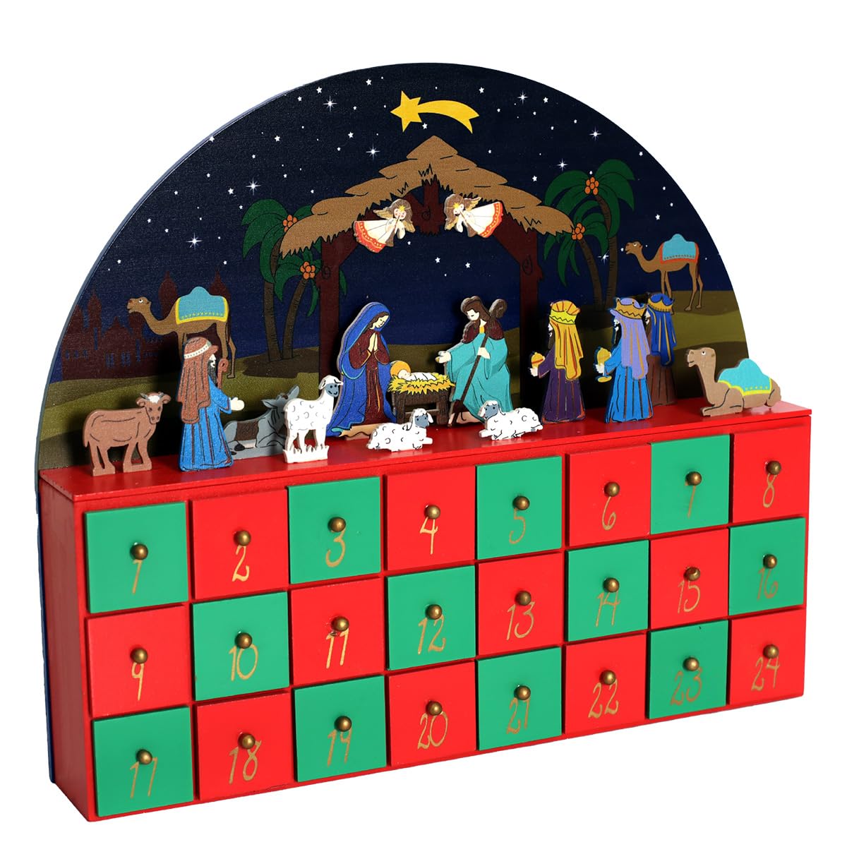 Adventskalender aus Holz mit 24 Schubladen – Countdown bis Weihnachten mit Krippe – Handgefertigte Urlaubsdekoration