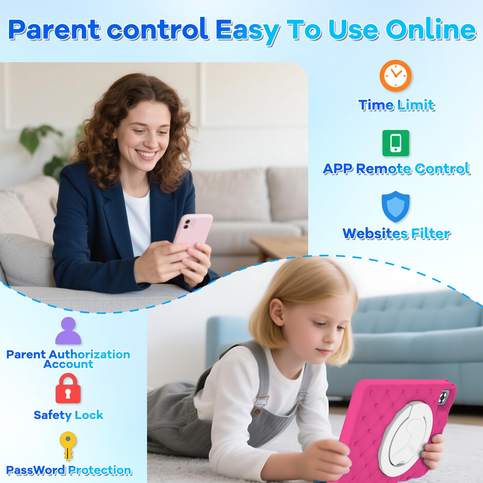Tablet Bambini 10 Pollici Android 15 con 30GB RAM, 5G Wi-Fi 6, 64GB ROM(2TB), Control Parental, Octa-Core, 8MP+5MP, 6000mAh, Custodia Protettiva EVA + Supporto Girevole a 360°, Rosa