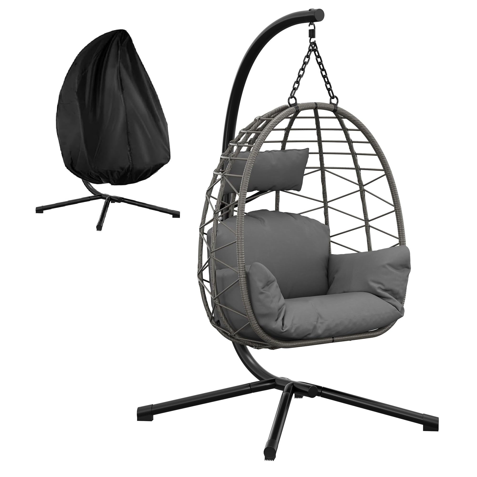 Hängesessel Mit Gestell Bis 150 kg, Outdoor Rattan Hängesessel Mit Metallgestell, Komfortabler Hängesitz Indoor Mit Waschbaren Kissen, Für Garten, Terrasse & Balkon
