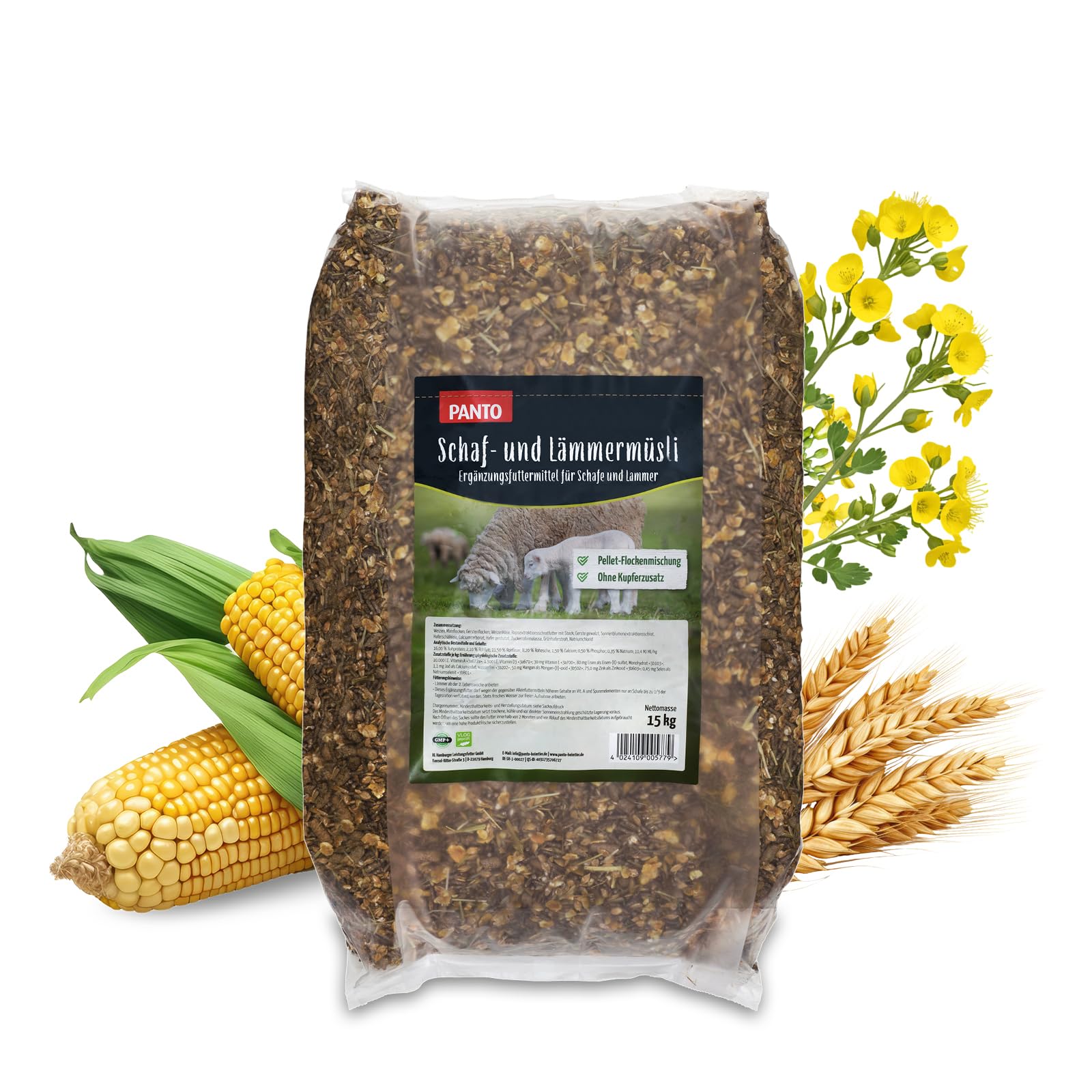 PANTO Schaf- und Lämmermüsli 15kg – hochwertiges Kraftfutter Schafe und Ziegen, Pellet-Flocken-Mischung, Schaffutter mit Vitaminen und Mineralien, für Ziegen geeignet