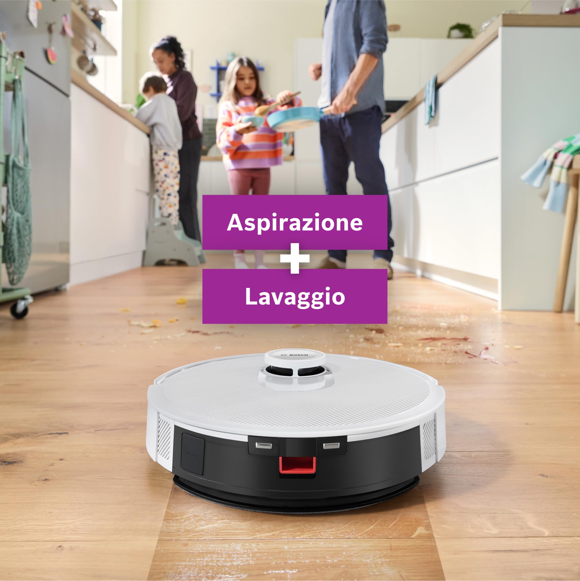 Bosch Spotless+Robot Aspirapolvere e Lavapavimenti,Potenza 11.000Pa,Panno Lavapavimenti Statico,Stazione di ricarica con autosvuotamento,Navigazione Infrarossi Smart Vision,AppBosch HomeConnect,Bianco