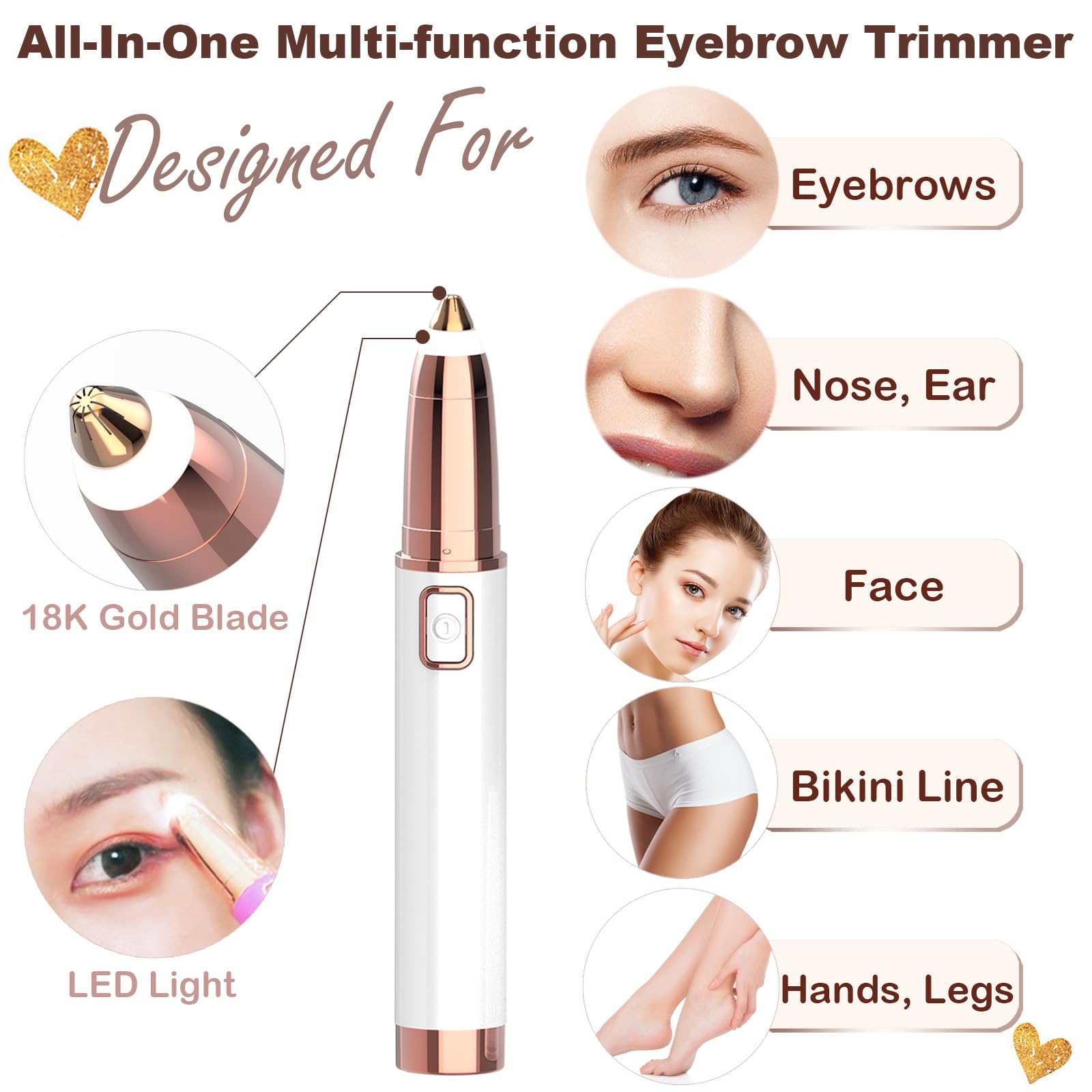 Recortadora de cejas para mujer, maquinilla de afeitar eléctrica con luz LED, indolora y fácil de limpiar, para cejas, cara, nariz, oreja, pelo, barbilla, labios, líneas de bikini y otros detalles,