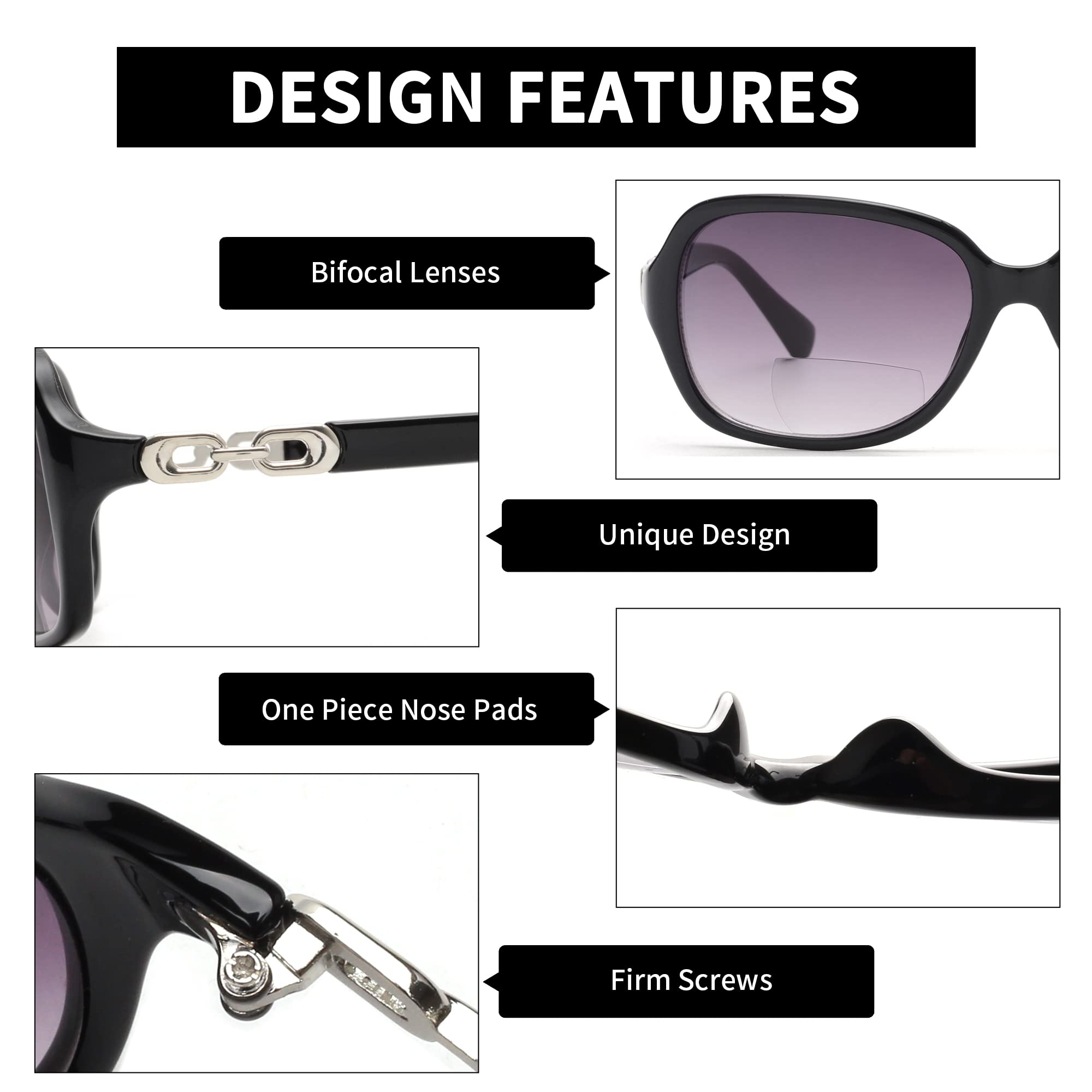JM Bifocal Reading Sunglasses for Women Vintage Reader Glasses UV Protection Outdoor Black +1.75, Black(200836) - Image 4