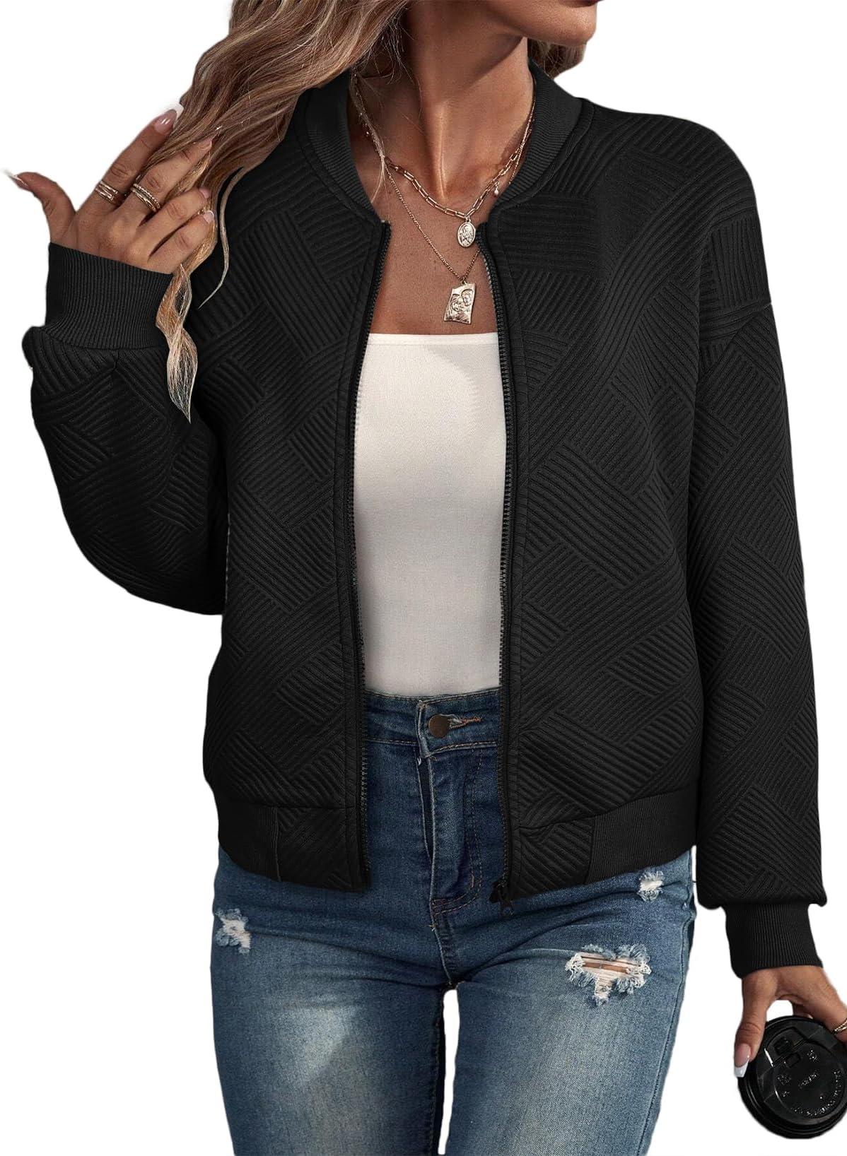 Womens Bomber Jacket Coat Casual Stand Collar Zip Up Lightweight Fall Fashion Jackets Outfits with Pockets
