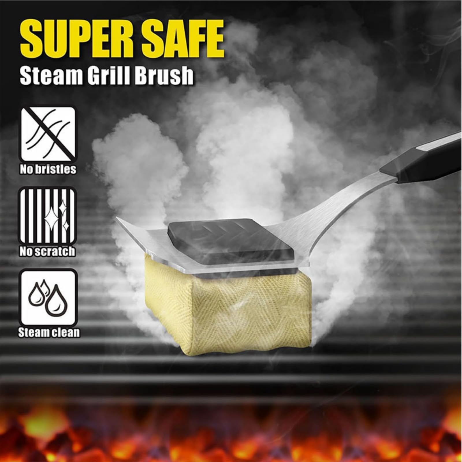 Grillbürste für Gussrost, Cepillo Barbacoa sin Cerdase, Mango Largo Limpiador BBQ con Gancho y Inoxidable Raspador, Cepillo Seguro para Parrillas de Hierro Fundido y Acero