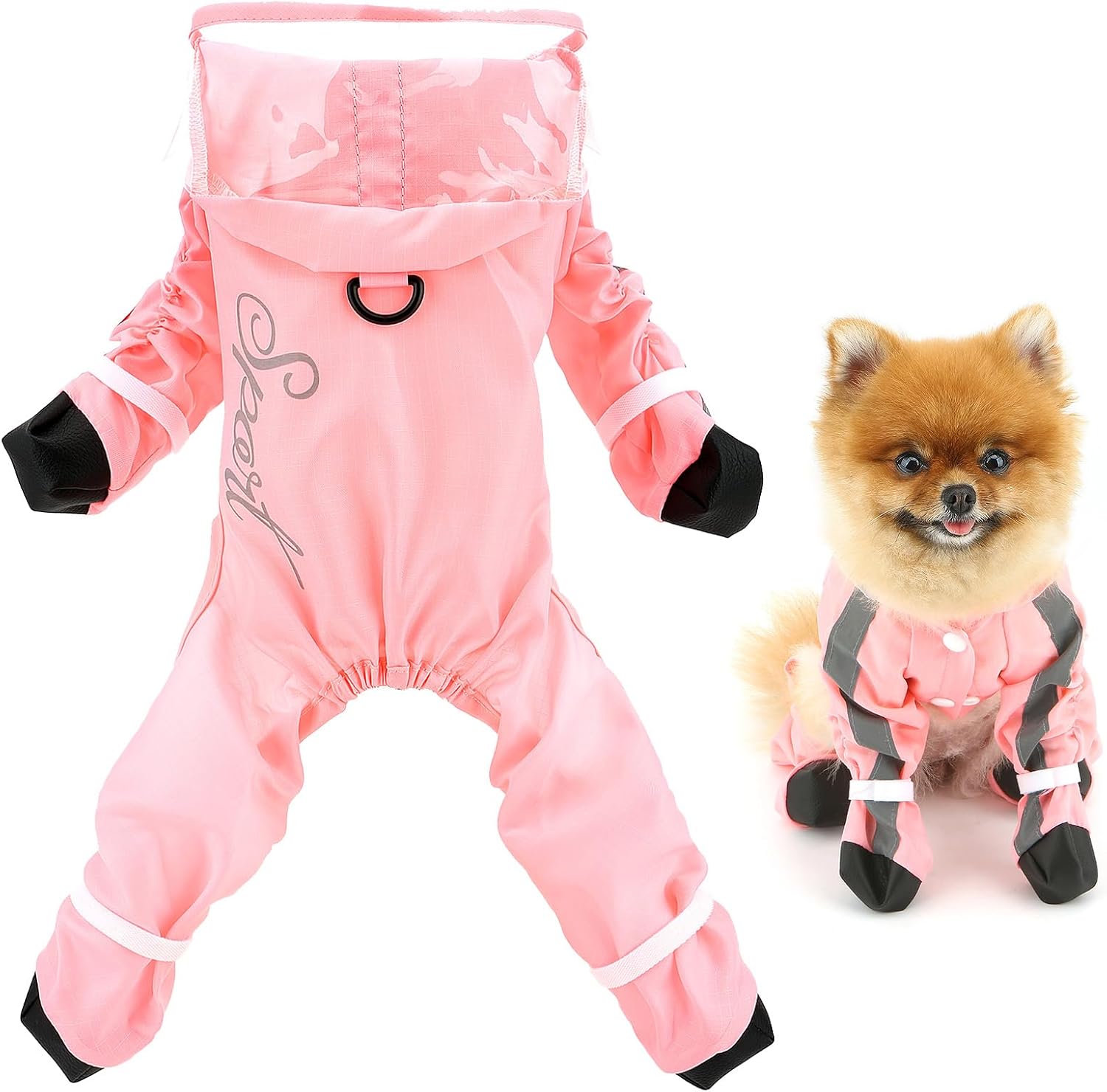 SMALLLEE_LUCKY_STORE Reflective Booted Raincoat for Small Dogs, Pink, S | Waterproof Fabric, Reflective Stripe, Leash Ring, Rainy Walks, Chihuahua, Yorkie, Small Breed, Clear Hood Rain Jumpsuit