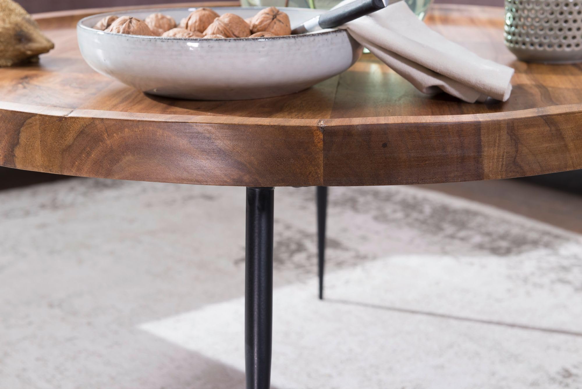 FineBuy Couchtisch Rund 75x75x39 cm Sheesham Massivholz, Metallbeine | Wohnzimmertisch im Industrial Stil, Sofatisch aus Echtholz, handgefertigt, jedes Stück ein Unikat