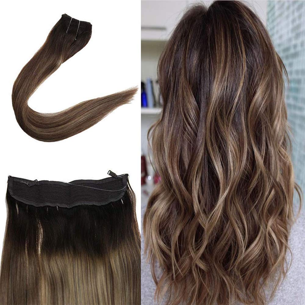 FshineWire Hair Extensions Human Hair #2/3/27 Balayage Darkest Brown Ombre Walnut Brown with Caramel Blonde Hair Extensions Wire Fish Line Human Hair Wire Extensions with Adjustable Clips 14inch 70g