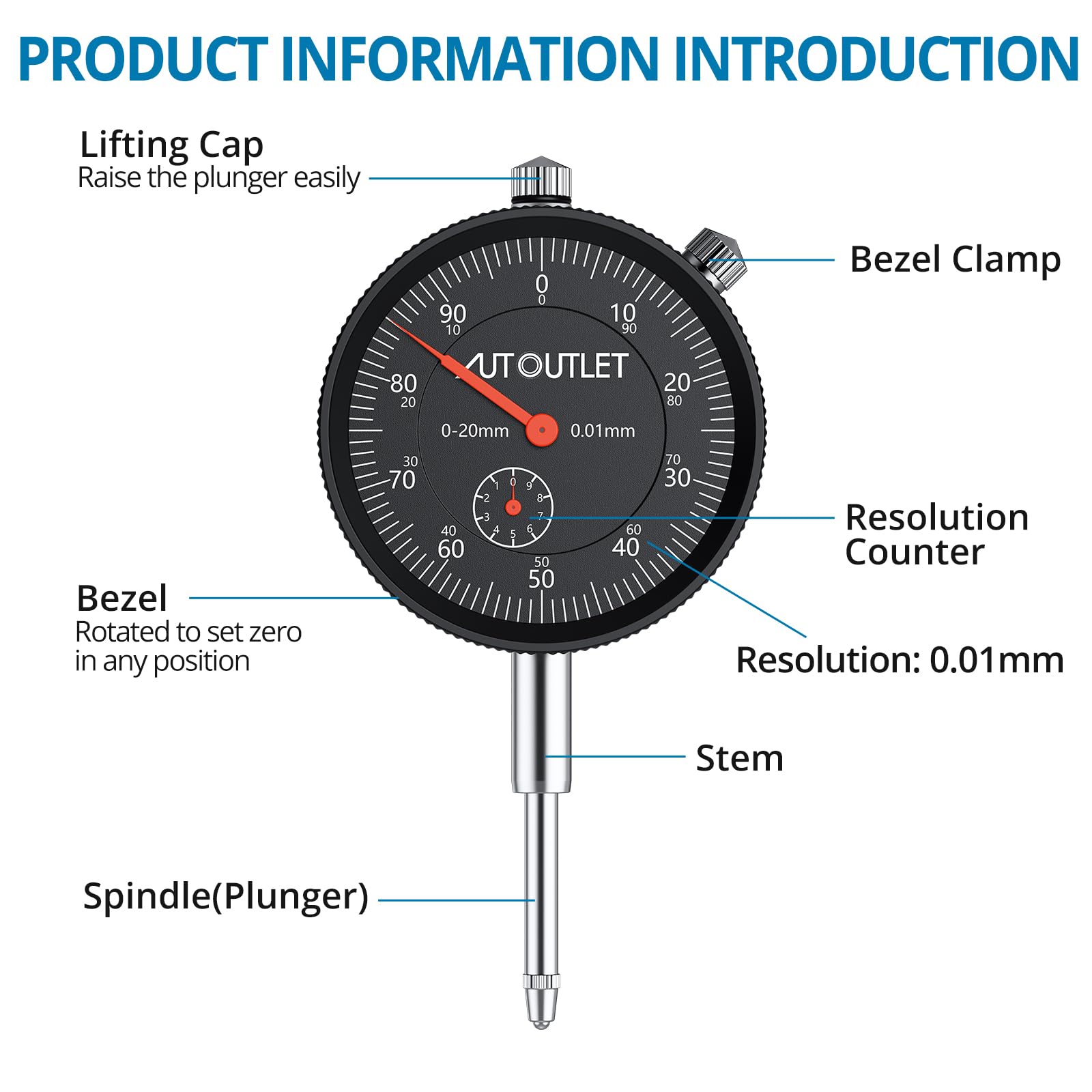 AUTOUTLET Comparador de Cuadrante Calibre con Indicador de Cuadrante de 0-20 mm con Base Magnética de 132 lb/60 kg