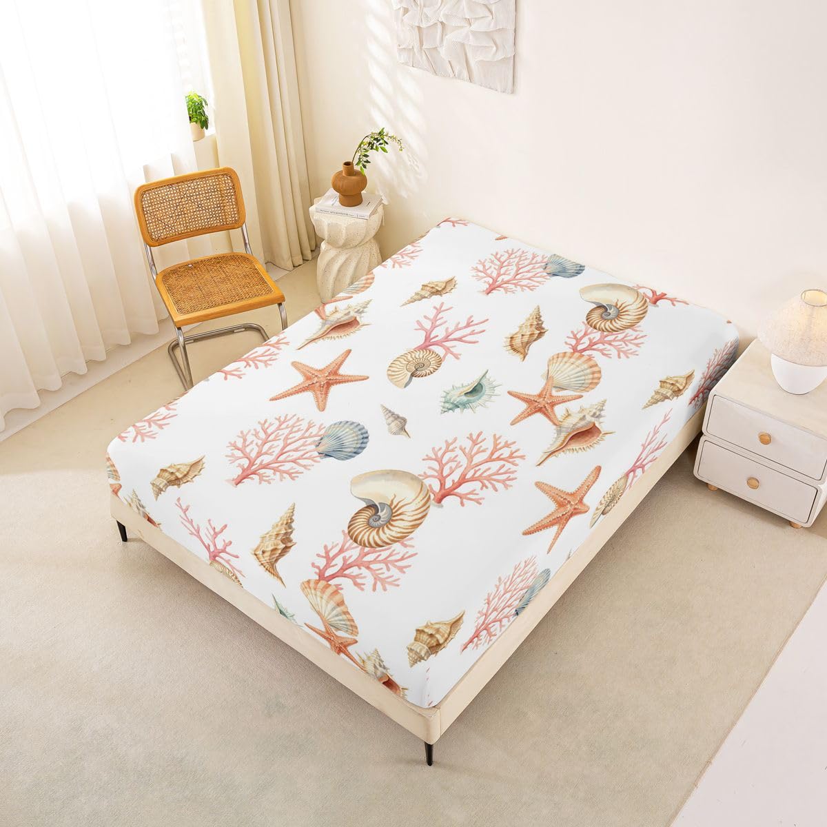 Homewish Coastal Beach prześcieradła podwójne oceaniczne stworzenia, prześcieradło z gumką, głęboka kieszeń, 40 cm, zestaw pościeli z muszlą, motyw koralowej rozgwiazdy, z 2 poszewkami na poduszki