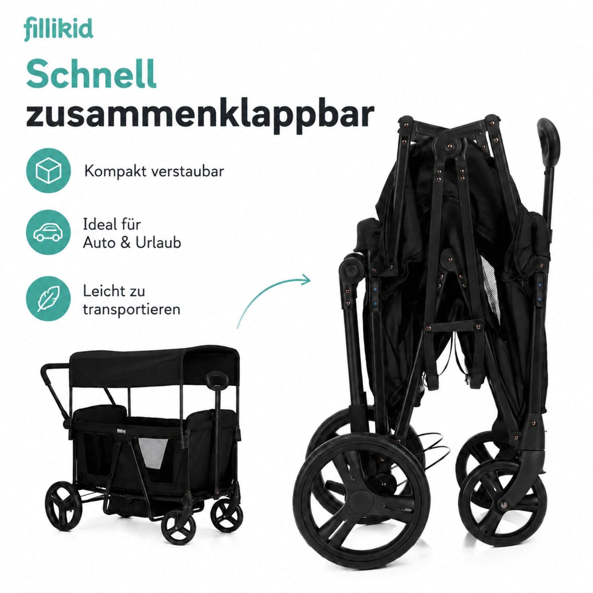 Fillikid Bollerwagen Oskar Exklusiv I Faltbarer Handwagen mit Dach, Schiebegriff I Transportwagen für Kinder & Gepäck, belastbar bis 88 kg I stabil & platzsparend klappbar I 2-Sitzer mit Gurtsystem