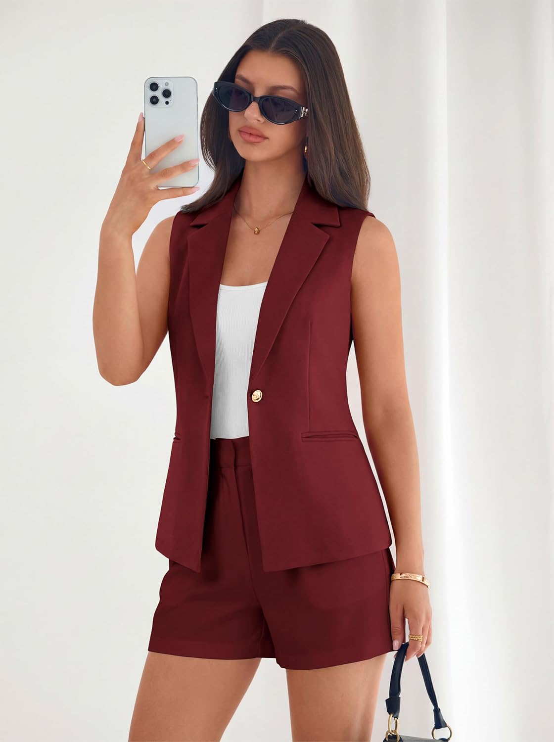 MASCOMODA Summer Sleeveless Blazers for Women Business Casual Dressy Lapel V Neck Button Open Front Work Suit Vest Tops