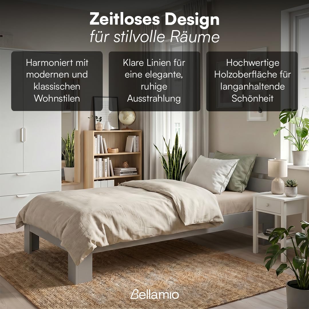 Bellamio Kavir Holzbett 90x200 cm – Massivholzbett mit Lattenrost – Bett aus Kiefer Massivholz in grau lackiert – Bettgestell mit Bettkopf – Stabiler Bettrahmen bis 120 kg – geeignet als Einzelbett