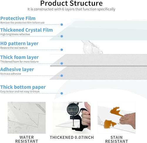 Miniatura 6 de TUOKING Azulejos de metro de mármol de 32 piezas para despegar y pegar, de 4 x 8 pulgadas, compuesto de piedra blanca, impermeable, azulejos de