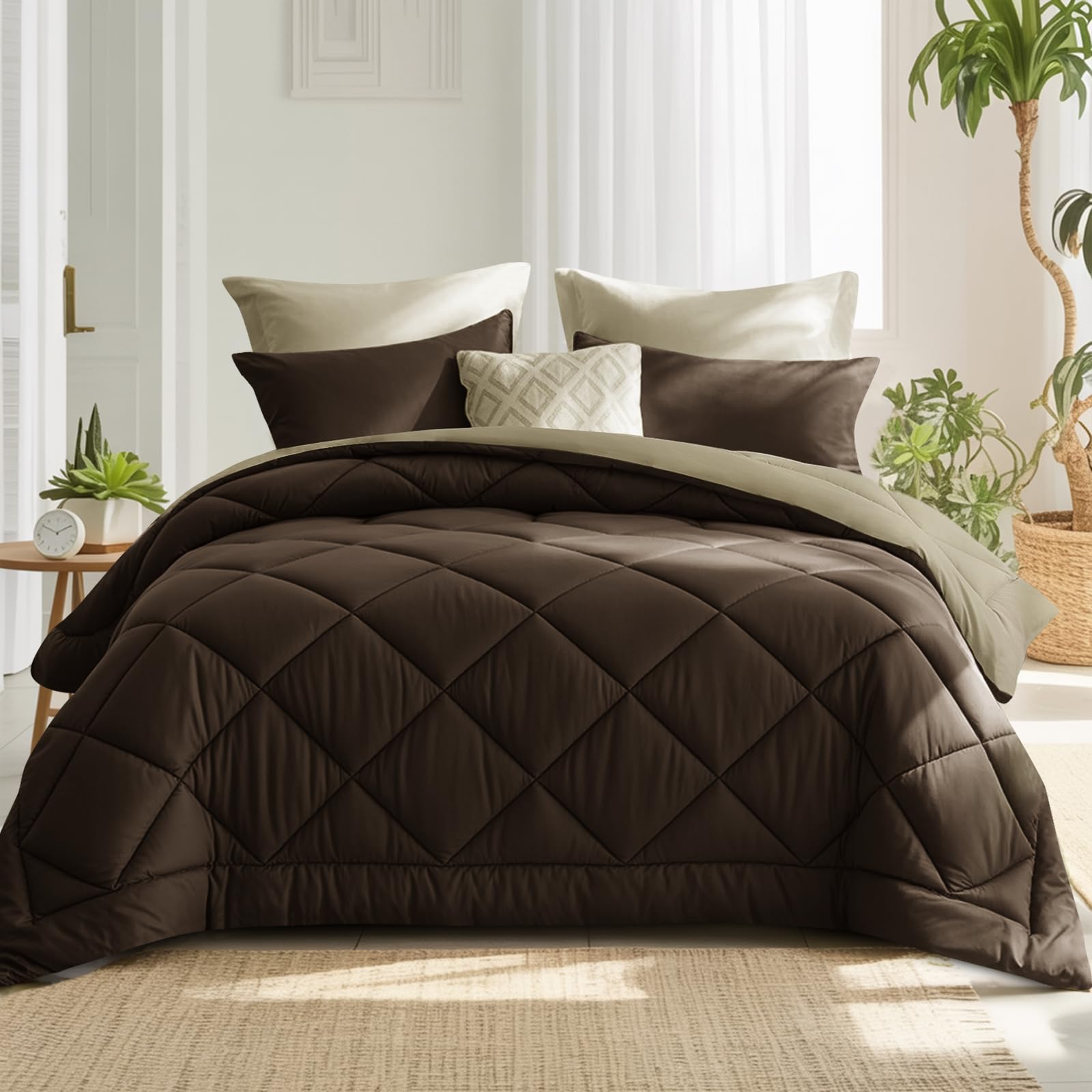 RUIKASI Coverless Duvet Super King Size 10.5 Tog - Reversible Comforter with 2 Pillowcases, 260x220cm Quilt Lightweight and Warm All Season, Brown and Khaki